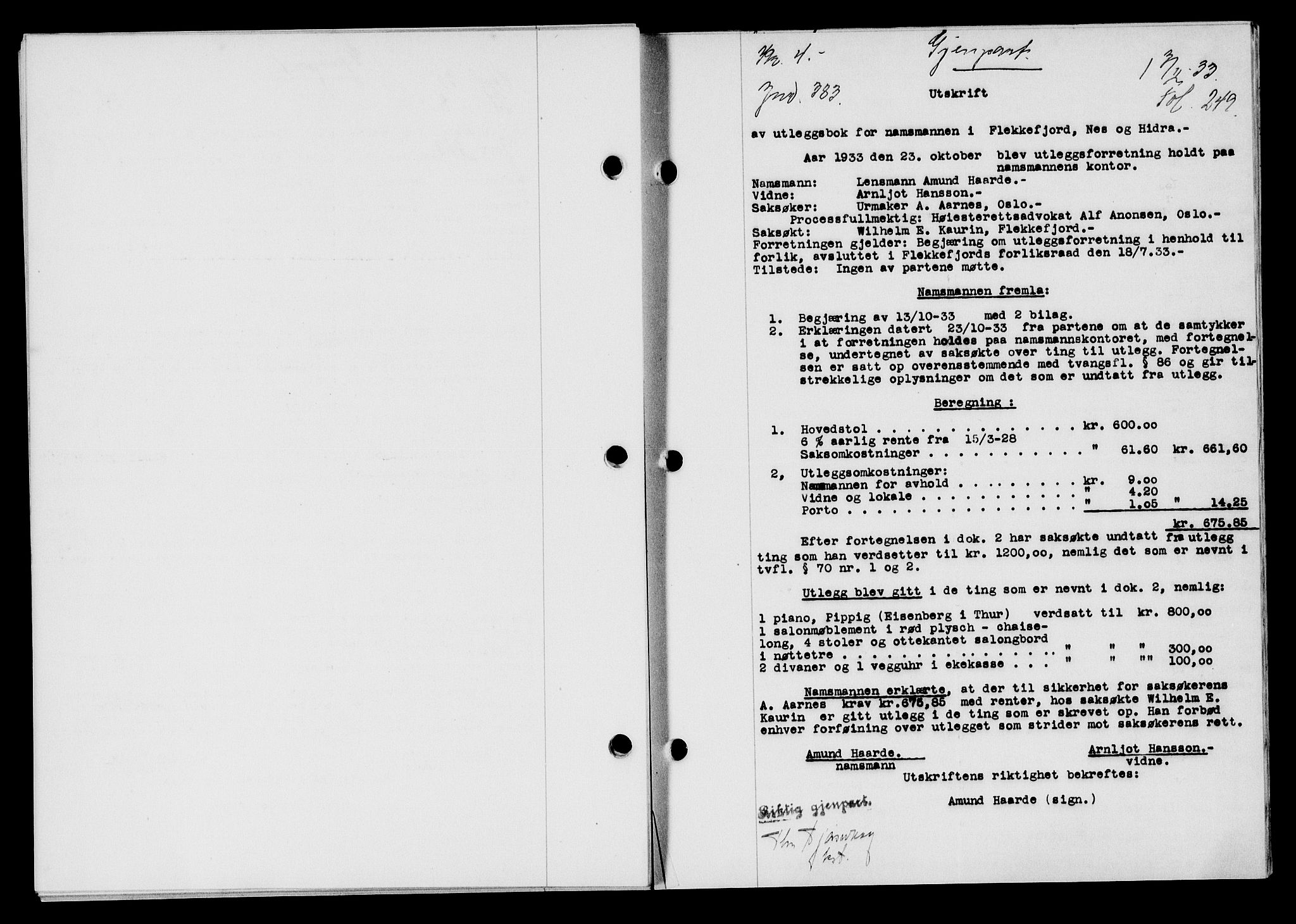 Flekkefjord sorenskriveri, SAK/1221-0001/G/Gb/Gba/L0049: Mortgage book no. 46, 1933-1934, Deed date: 07.11.1933