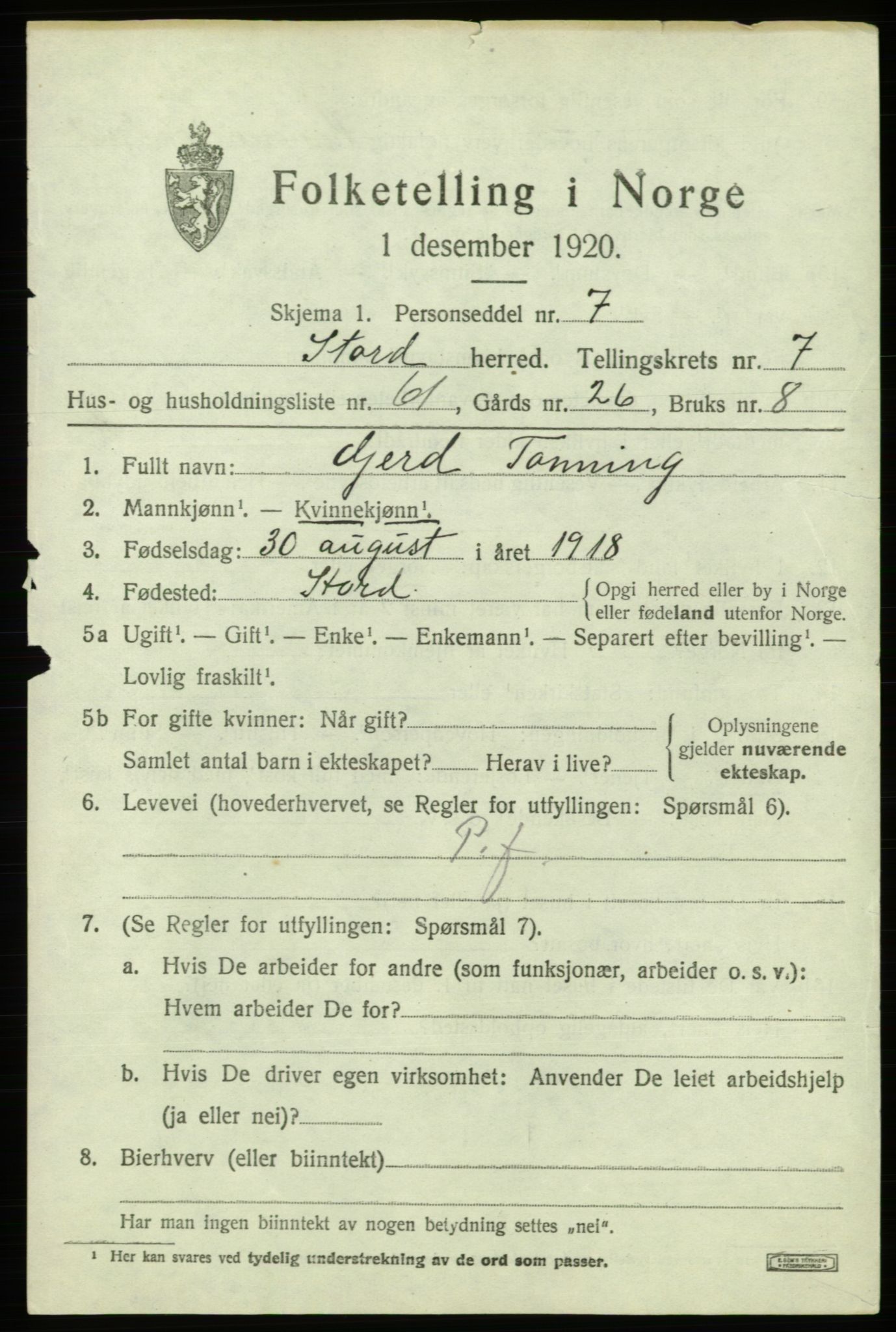 SAB, 1920 census for Stord, 1920, p. 4439