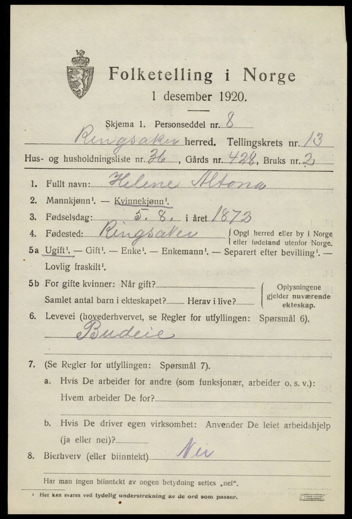 SAH, 1920 census for Ringsaker, 1920, p. 21134
