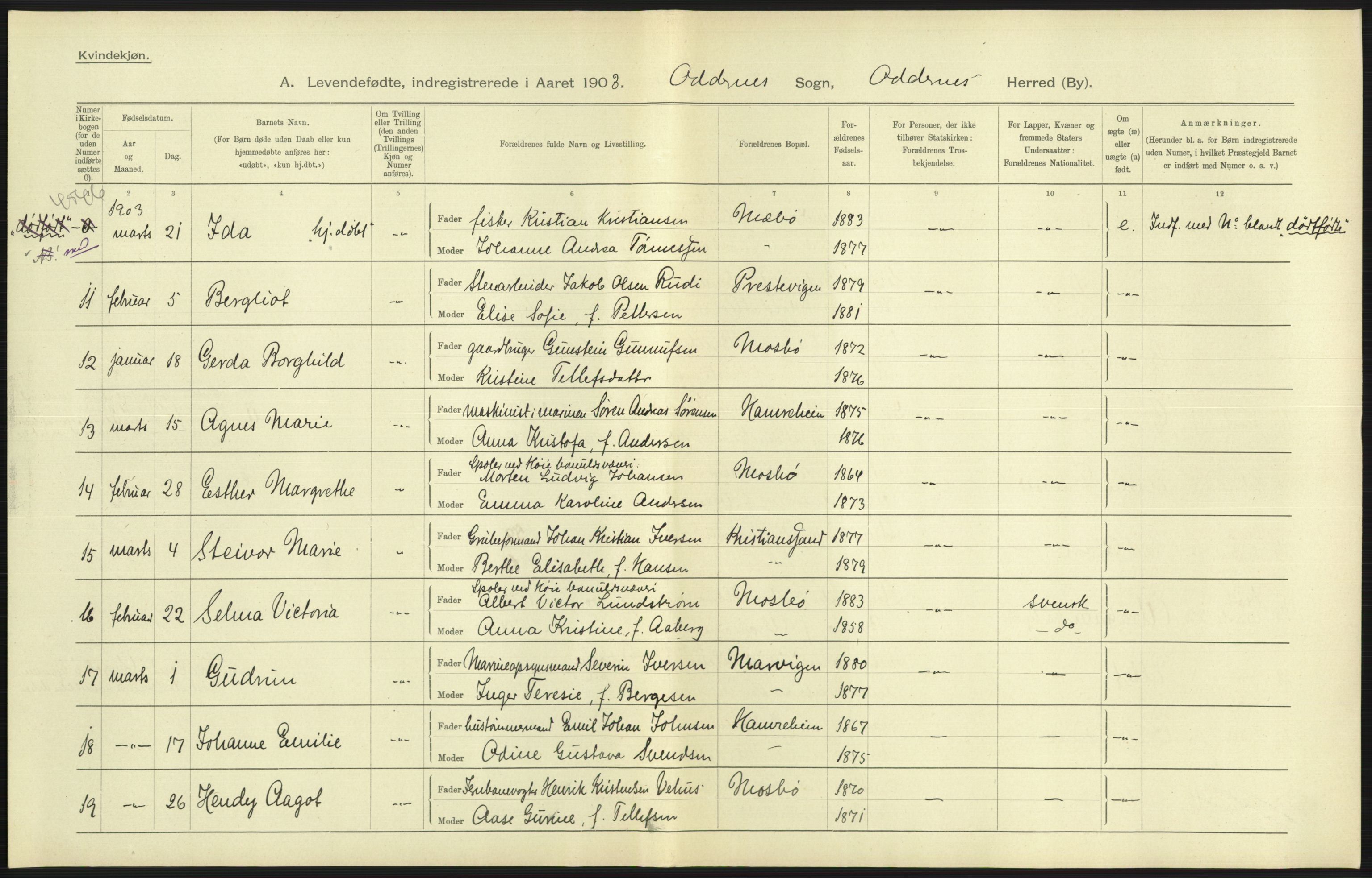 Statistisk sentralbyrå, Sosiodemografiske emner, Befolkning, AV/RA-S-2228/D/Df/Dfa/Dfaa/L0011: Lister og Mandal amt: Fødte, gifte, døde, 1903, p. 191