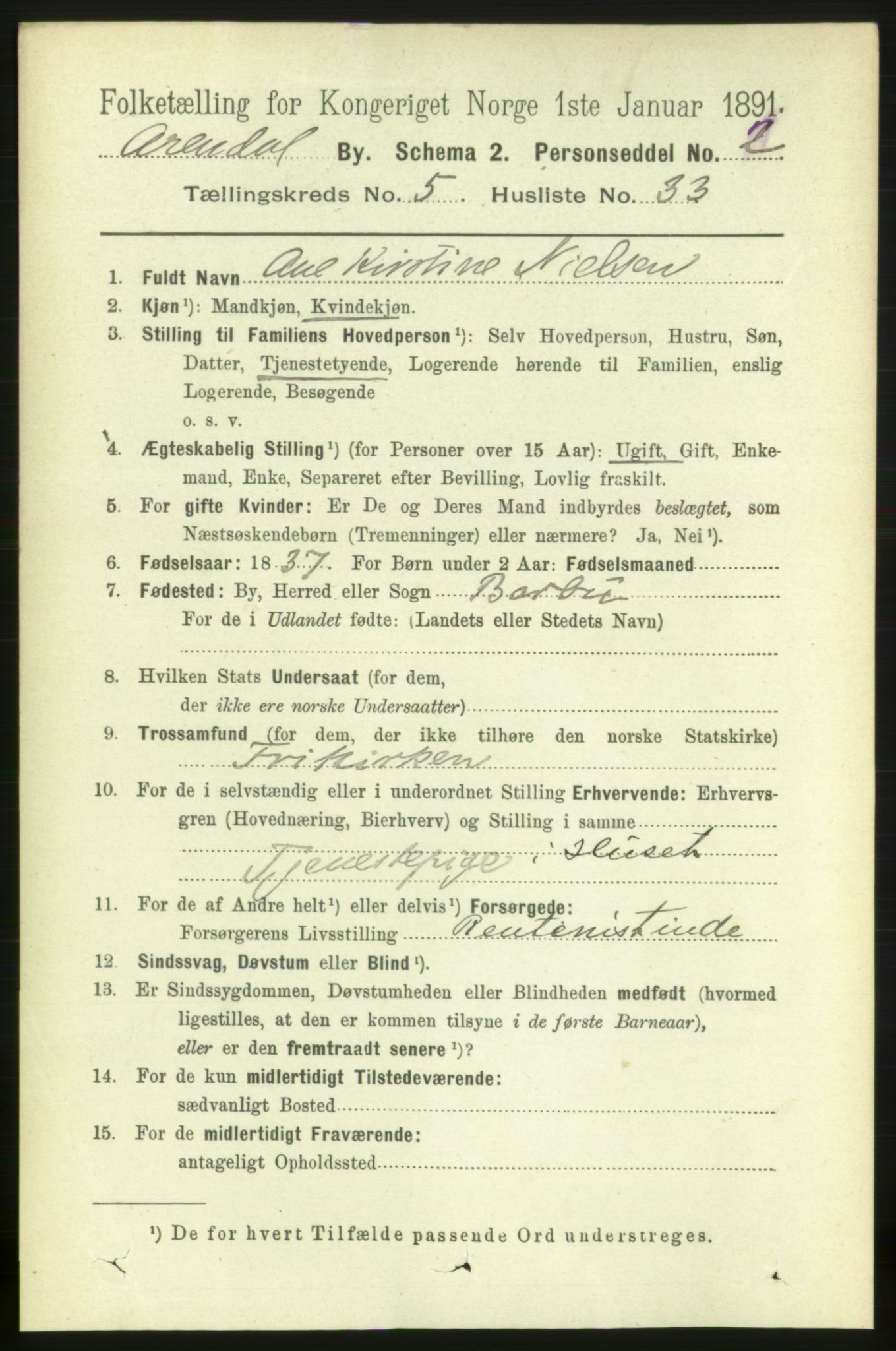 RA, 1891 census for 0903 Arendal, 1891, p. 2099