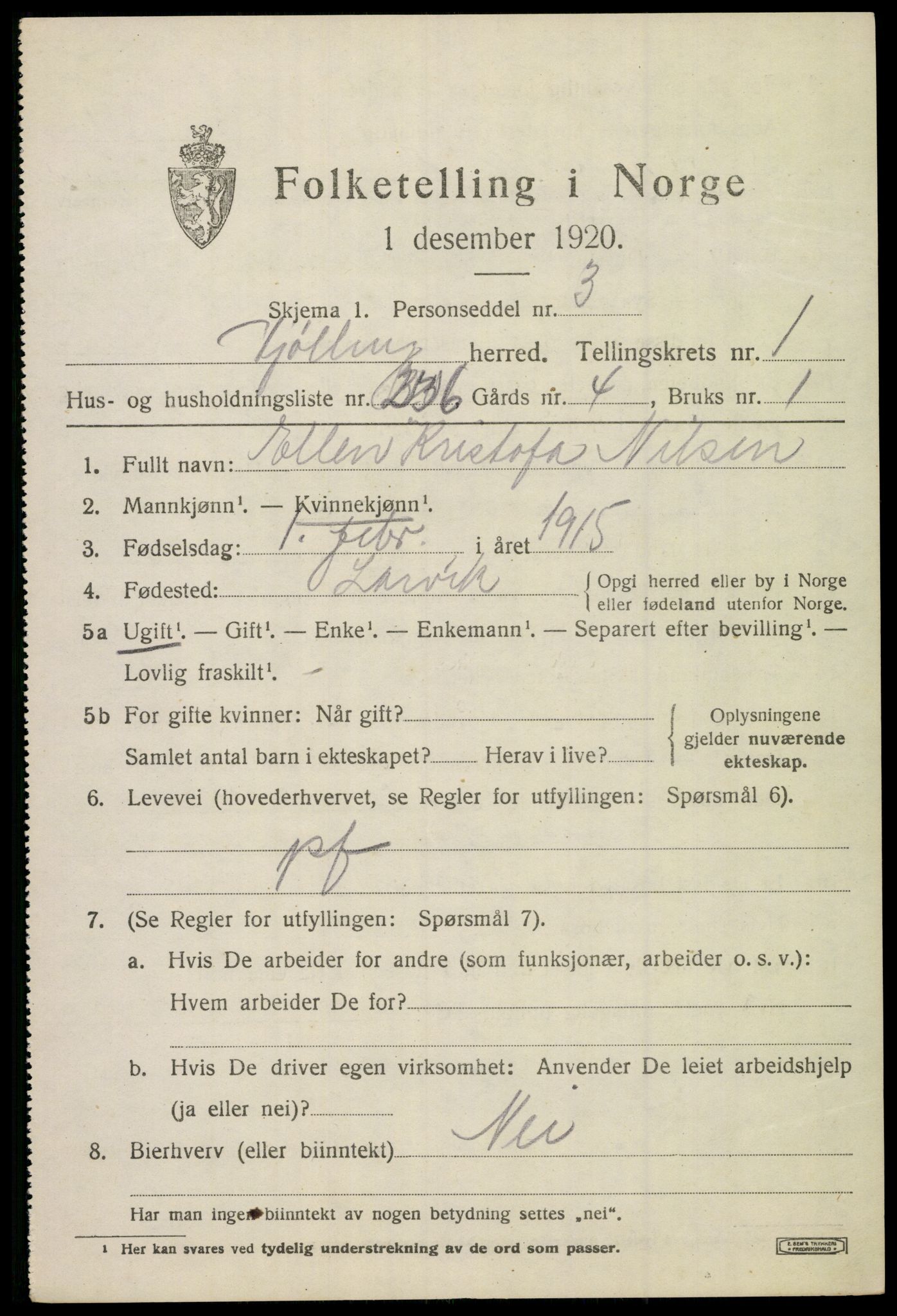 SAKO, 1920 census for Tjølling, 1920, p. 4355