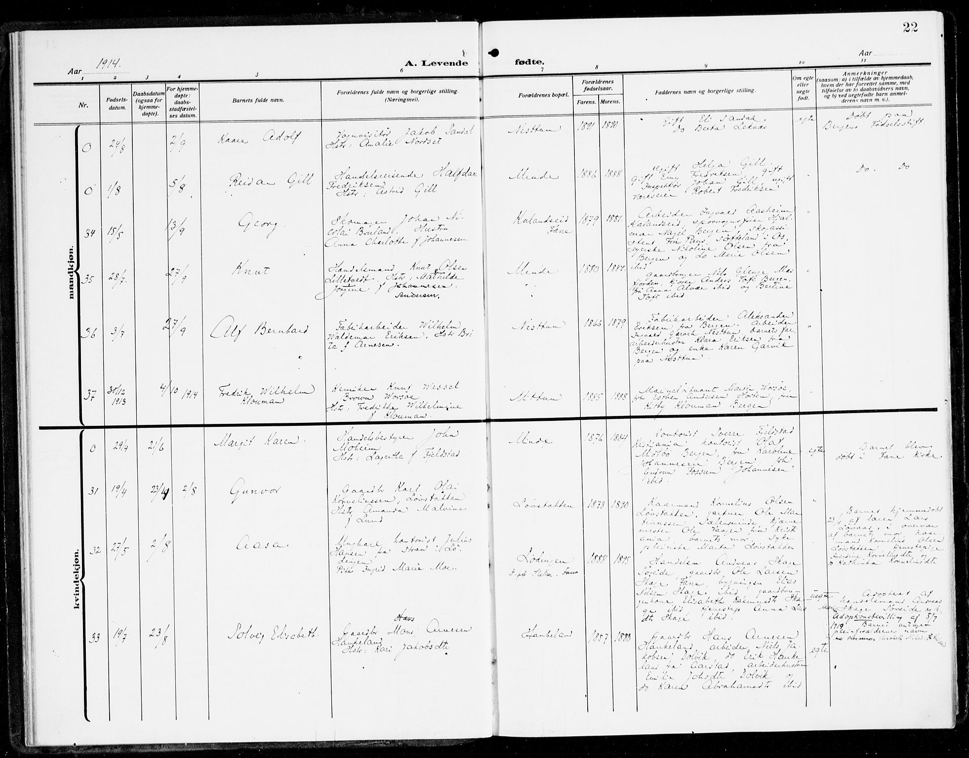 Fana Sokneprestembete, AV/SAB-A-75101/H/Haa/Haai/L0004: Parish register (official) no. I 4, 1912-1933, p. 22