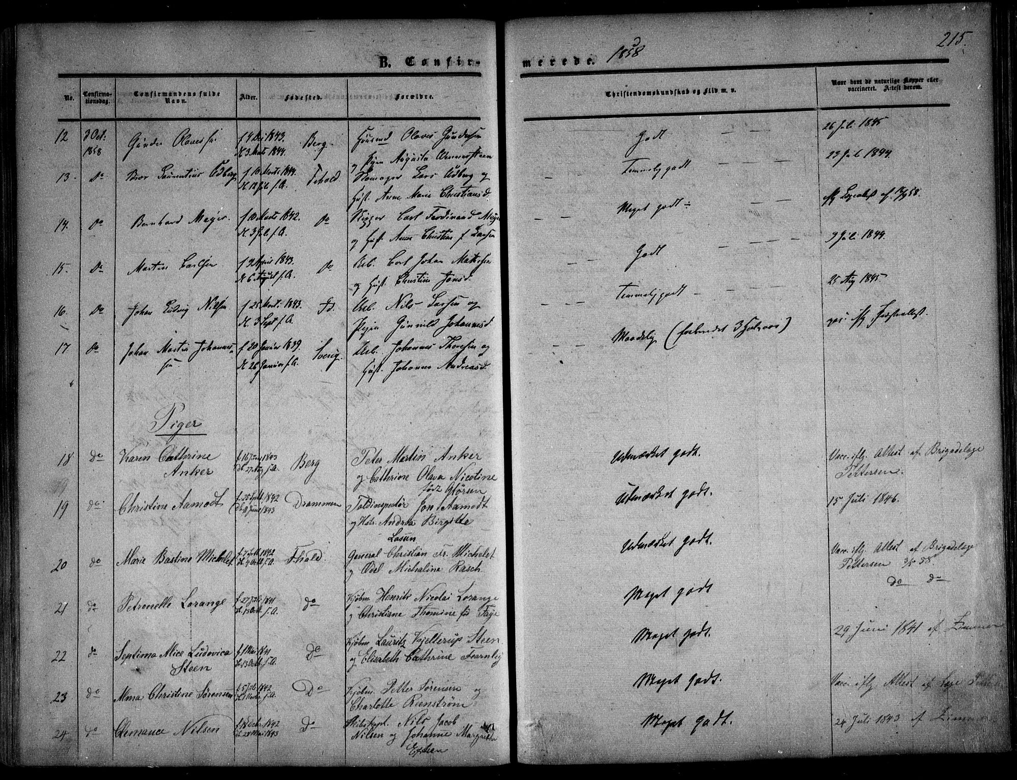 Halden prestekontor Kirkebøker, AV/SAO-A-10909/F/Fa/L0007: Parish register (official) no. I 7, 1857-1865, p. 215