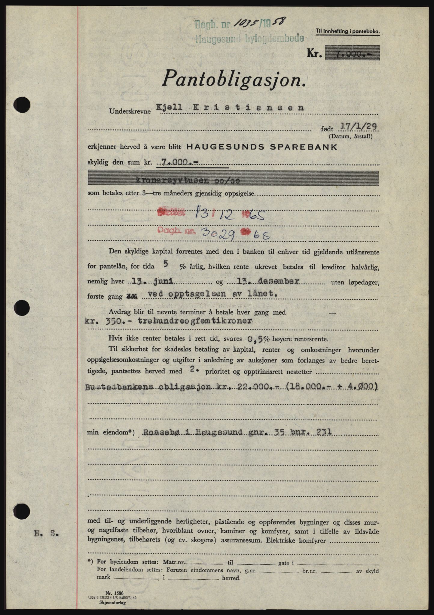 Haugesund tingrett, SAST/A-101415/01/II/IIC/L0044: Mortgage book no. B 44, 1958-1959, Diary no: : 1035/1958