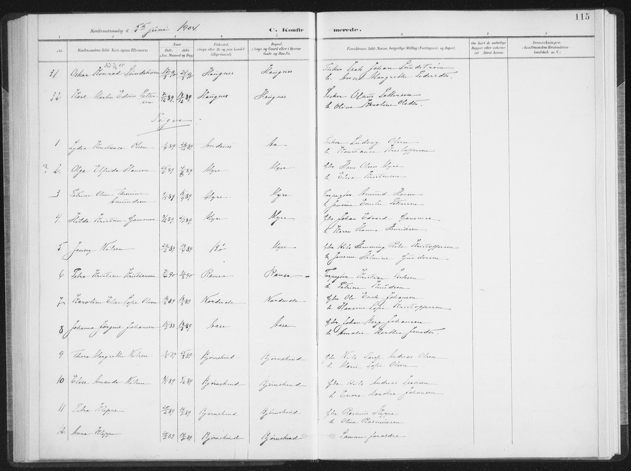 Ministerialprotokoller, klokkerbøker og fødselsregistre - Nordland, AV/SAT-A-1459/897/L1400: Parish register (official) no. 897A07, 1897-1908, p. 115