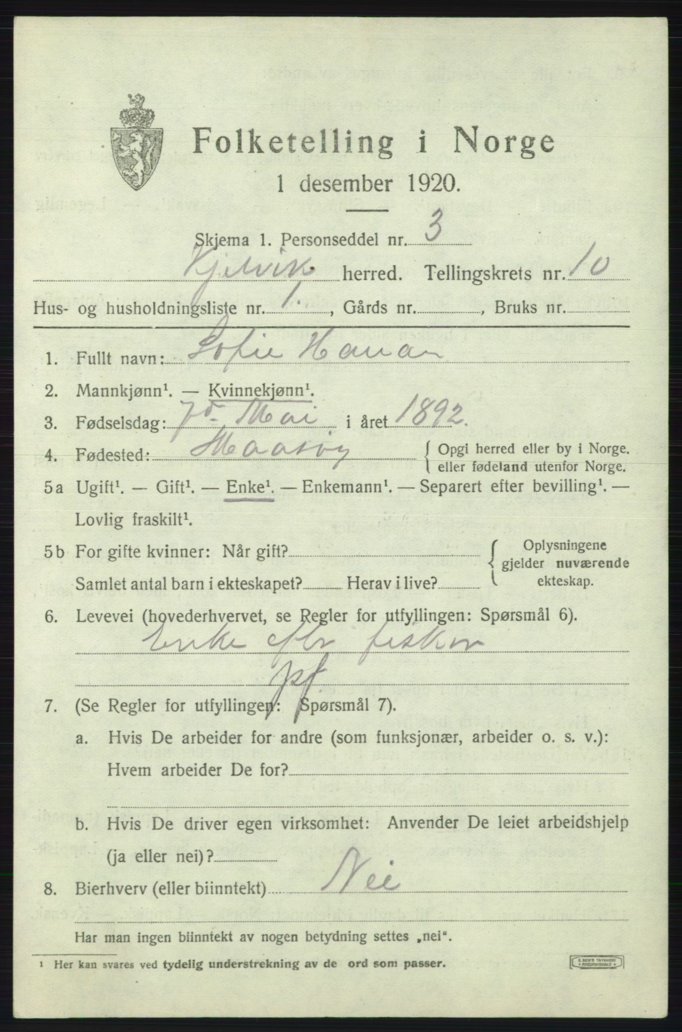 SATØ, 1920 census for Kjelvik, 1920, p. 7519