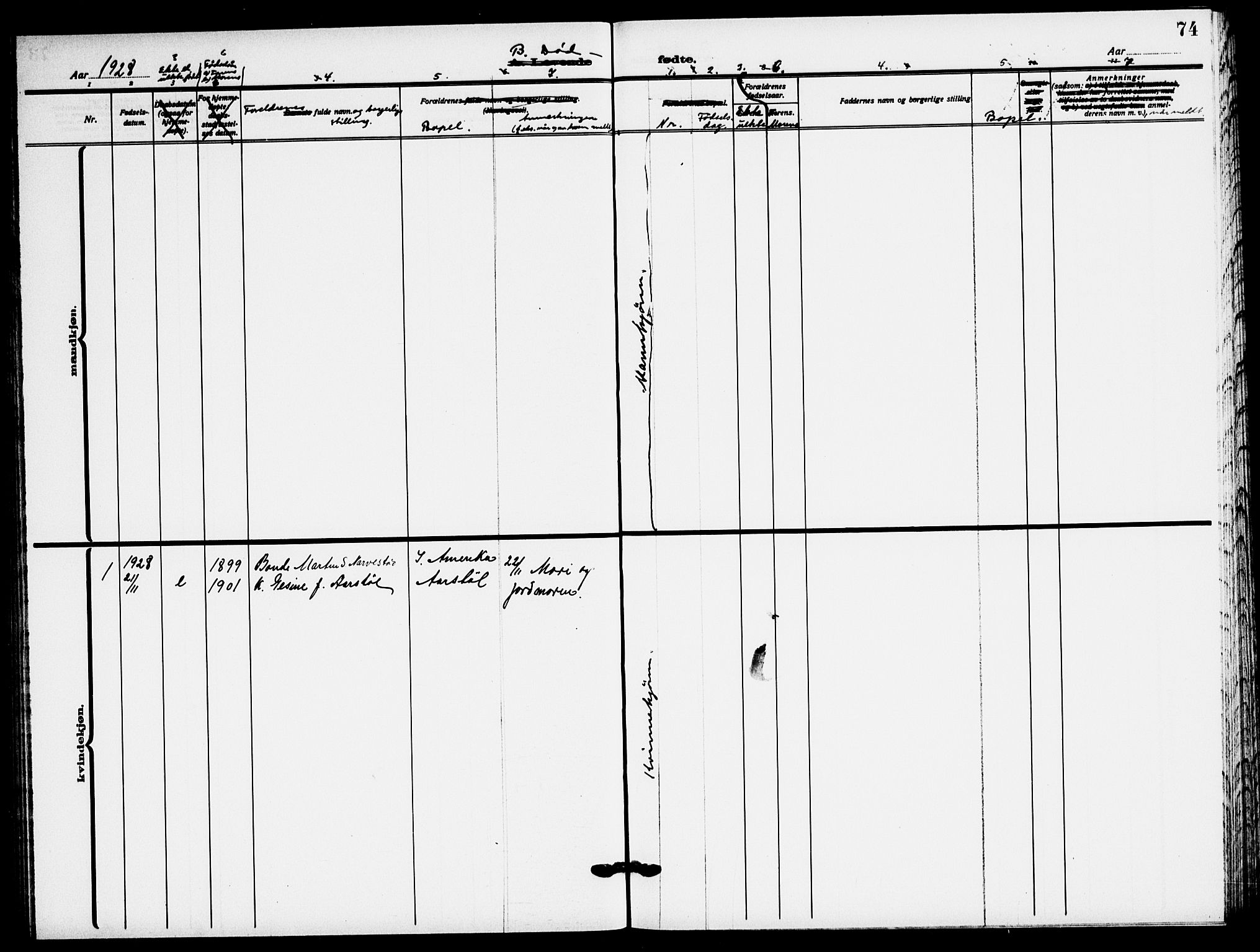 Fjotland sokneprestkontor, SAK/1111-0010/F/Fb/L0004: Parish register (copy) no. B 4, 1925-1941, p. 74