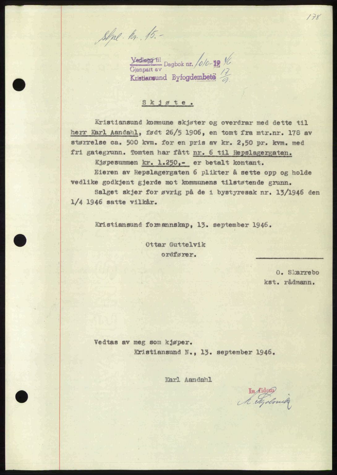 Kristiansund byfogd, AV/SAT-A-4587/A/27: Mortgage book no. 39b, 1946-1947, Diary no: : 1010/1946