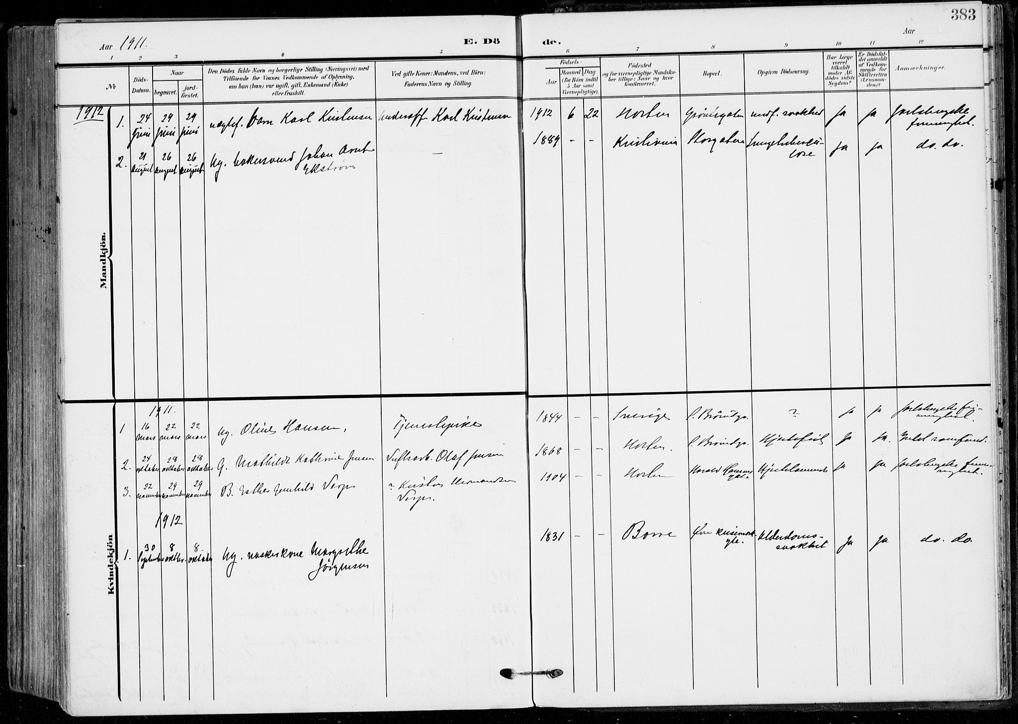 Horten kirkebøker, AV/SAKO-A-348/F/Fa/L0006: Parish register (official) no. 6, 1905-1912, p. 383