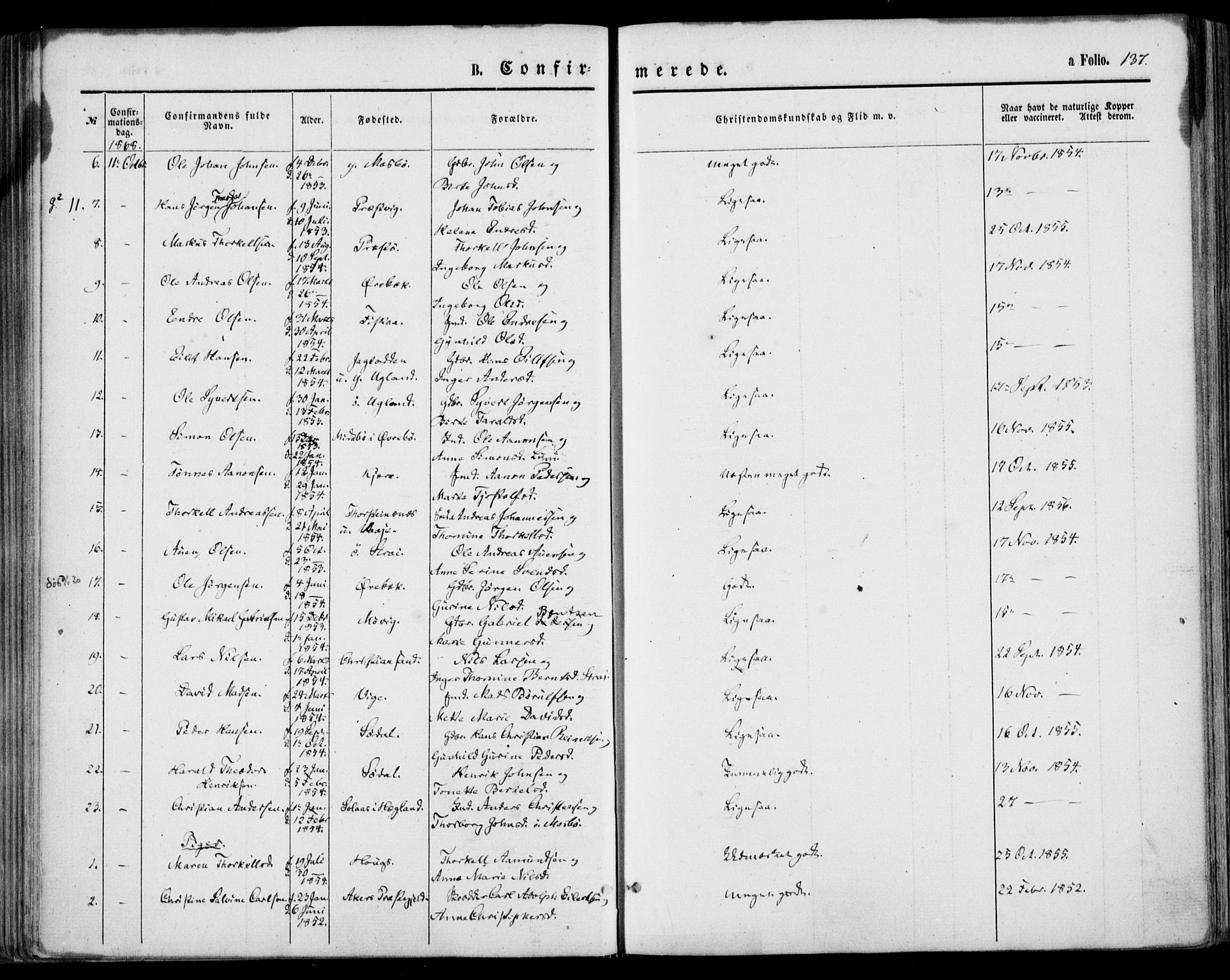 Oddernes sokneprestkontor, SAK/1111-0033/F/Fa/Faa/L0008: Parish register (official) no. A 8, 1864-1880, p. 137