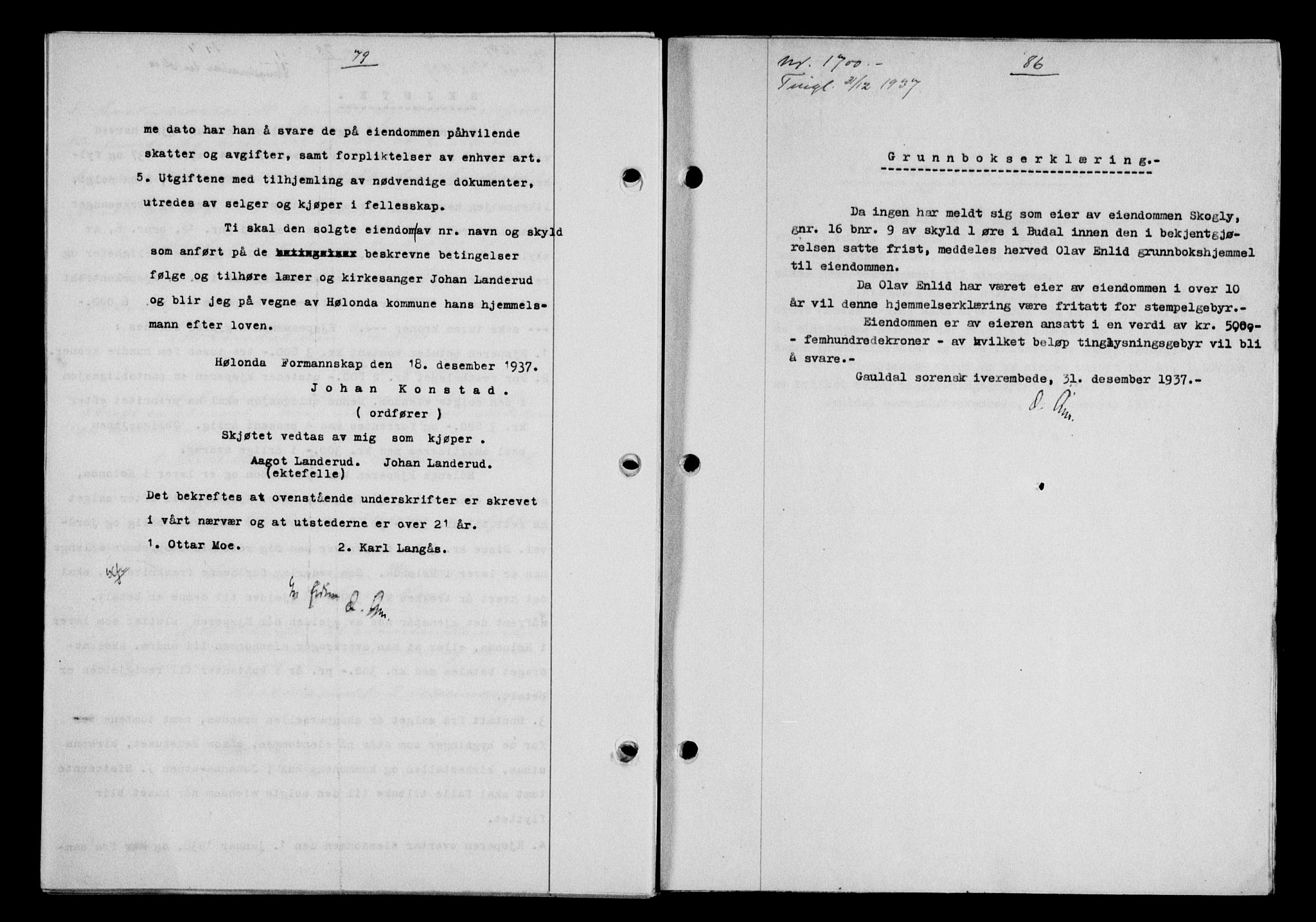 Gauldal sorenskriveri, SAT/A-0014/1/2/2C/L0048: Mortgage book no. 51-52, 1937-1938, p. 79, Diary no: : 1700/1937