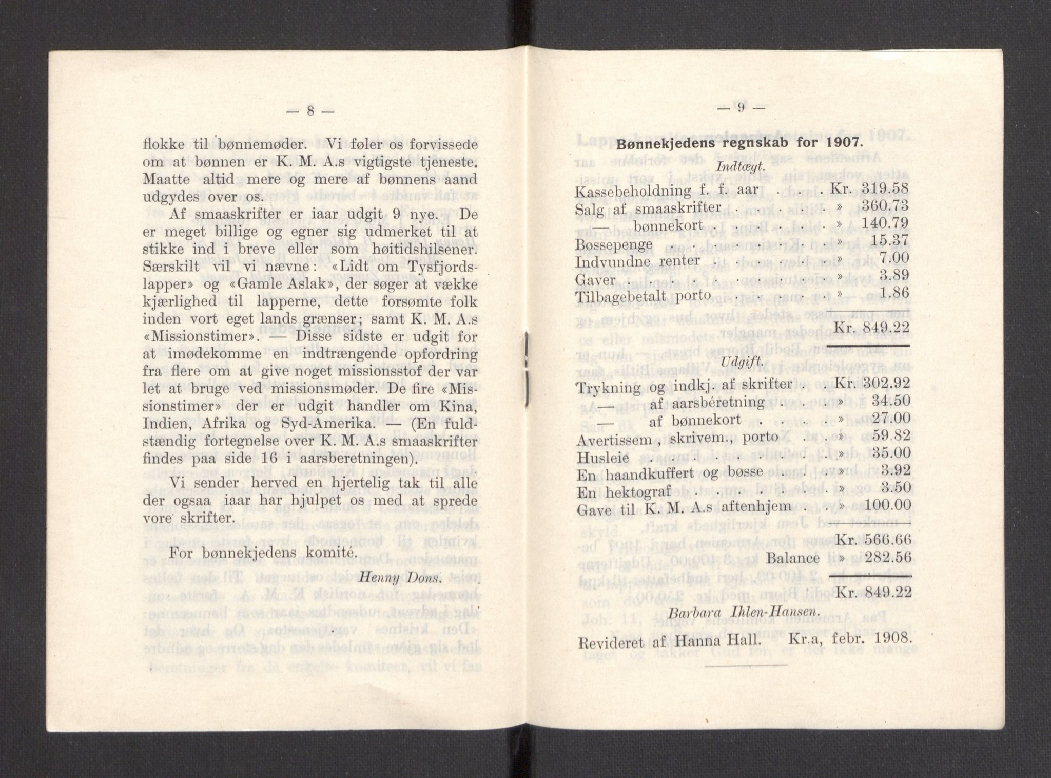 Kvinnelige Misjonsarbeidere, AV/RA-PA-0699/F/Fa/L0001/0007: -- / Årsmeldinger, trykte, 1906-1915