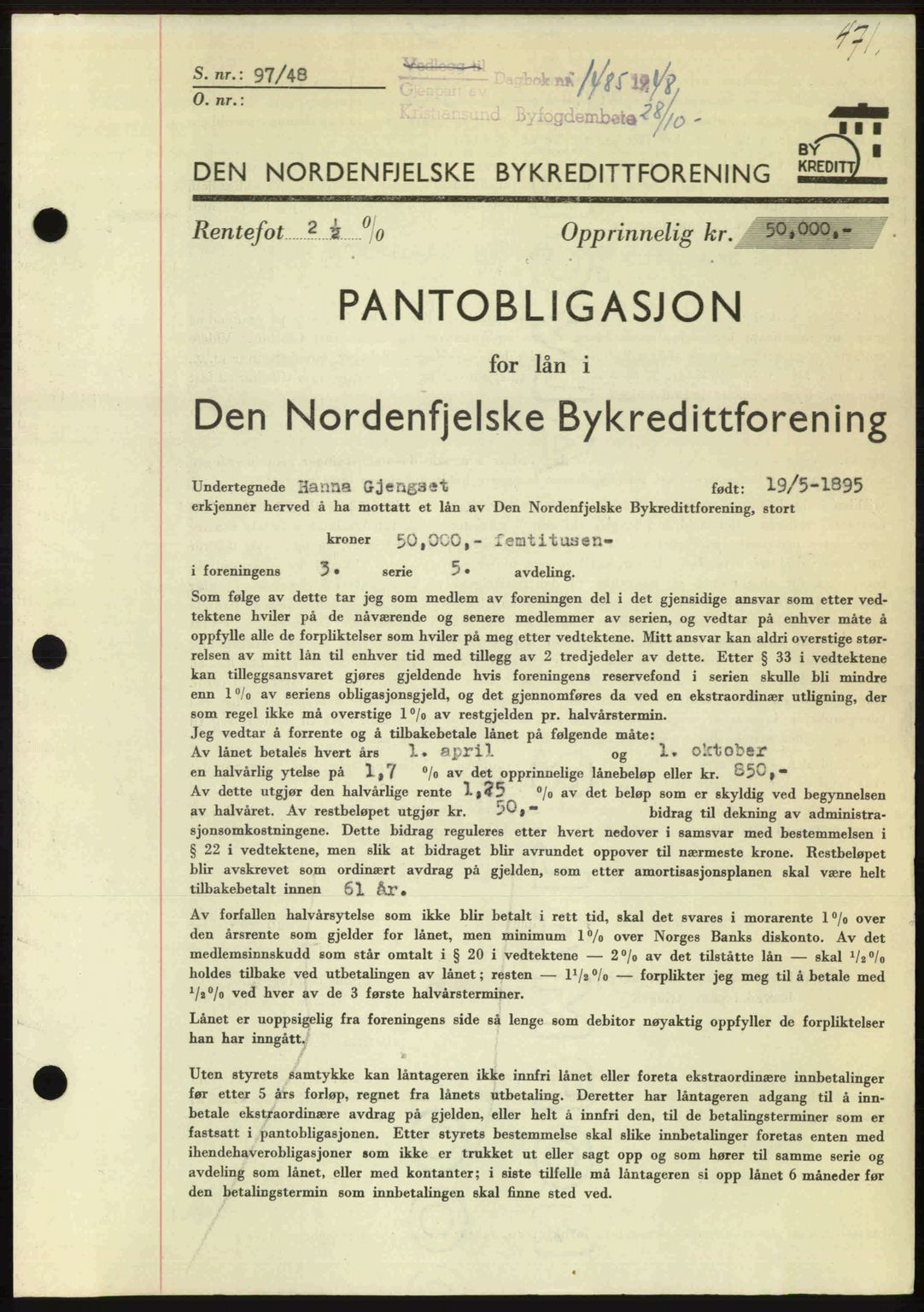 Kristiansund byfogd, AV/SAT-A-4587/A/27: Mortgage book no. 44, 1947-1948, Diary no: : 1485/1948