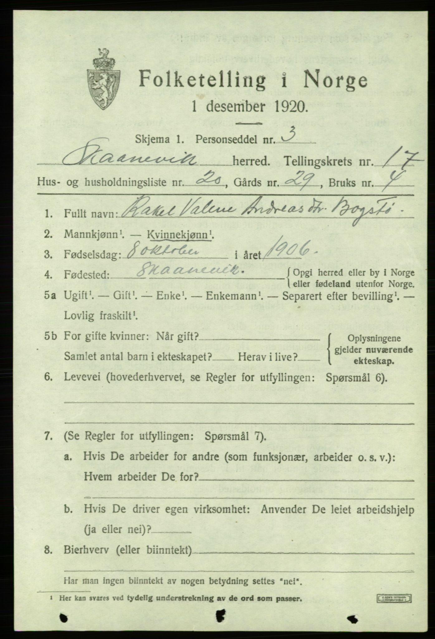 SAB, 1920 census for Skånevik, 1920, p. 6815