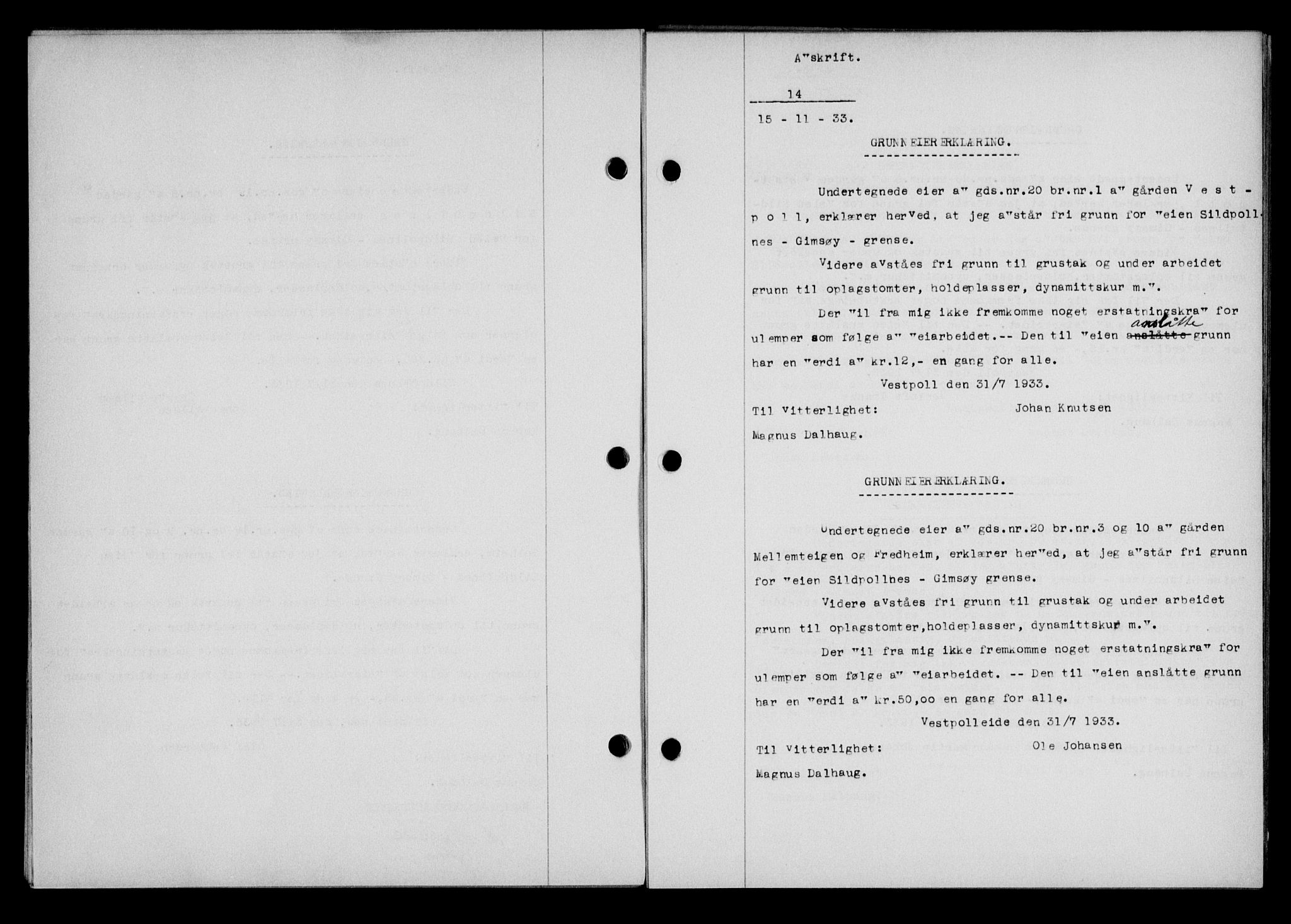 Lofoten sorenskriveri, AV/SAT-A-0017/1/2/2C/L0028b: Mortgage book no. 28b, 1933-1933, Deed date: 15.11.1933