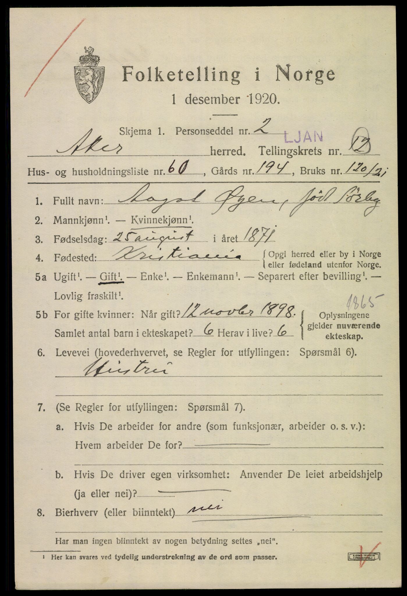SAO, 1920 census for Aker, 1920, p. 74516
