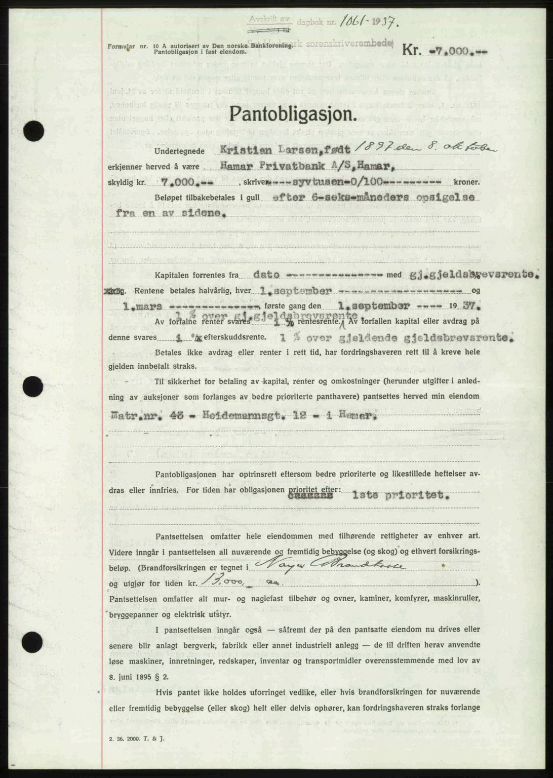 Sør-Hedmark sorenskriveri, SAH/TING-014/H/Hb/Hbd/L0003: Mortgage book no. 3, 1937-1938, Diary no: : 1061/1937