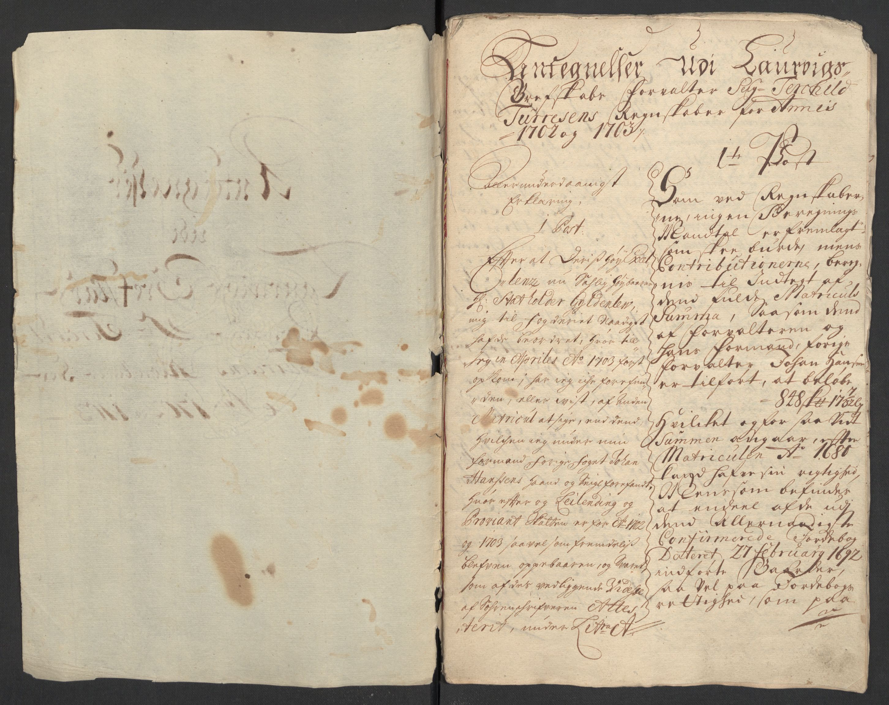 Rentekammeret inntil 1814, Reviderte regnskaper, Fogderegnskap, AV/RA-EA-4092/R33/L1977: Fogderegnskap Larvik grevskap, 1702-1703, p. 158