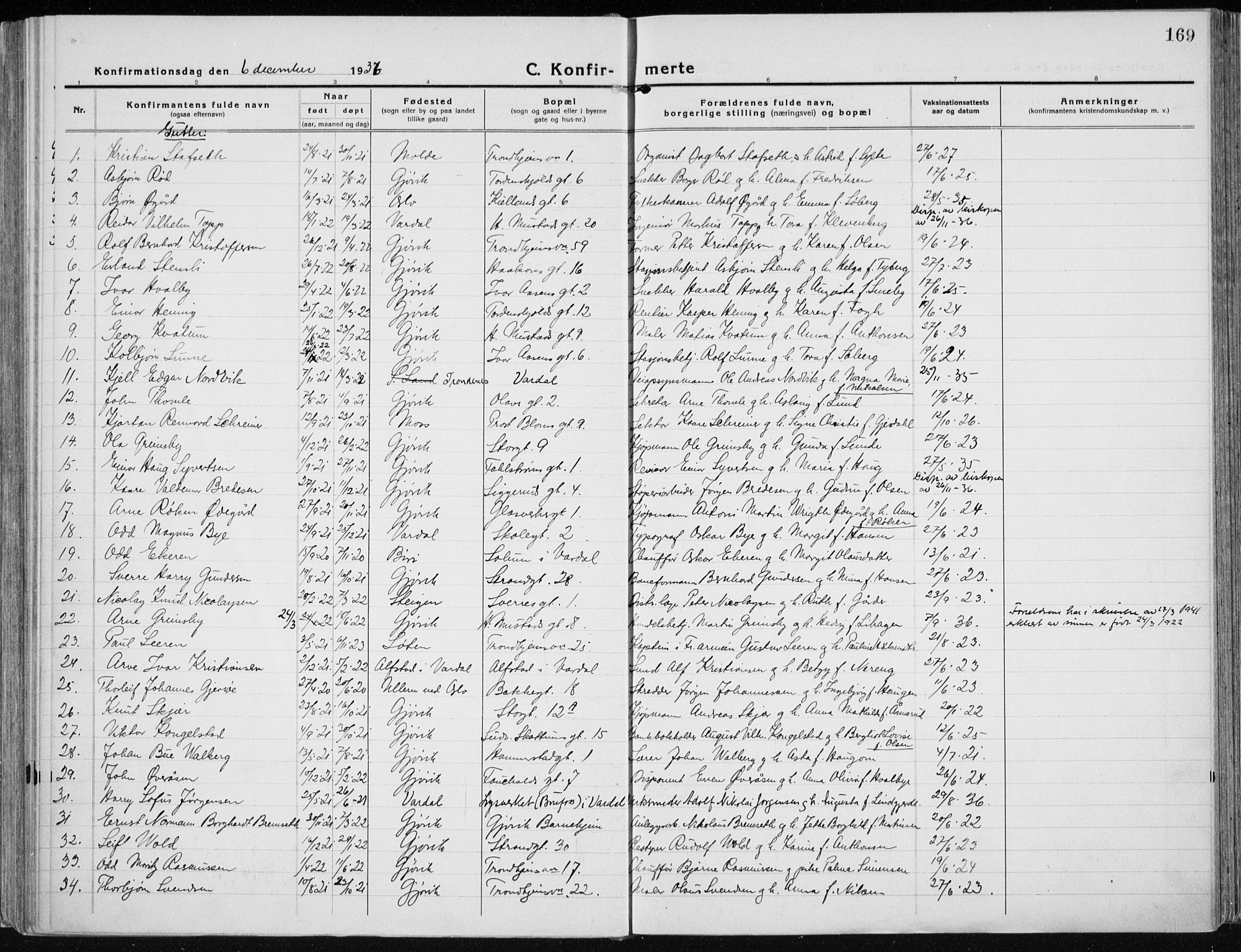 Vardal prestekontor, SAH/PREST-100/H/Ha/Haa/L0015: Parish register (official) no. 15, 1923-1937, p. 169