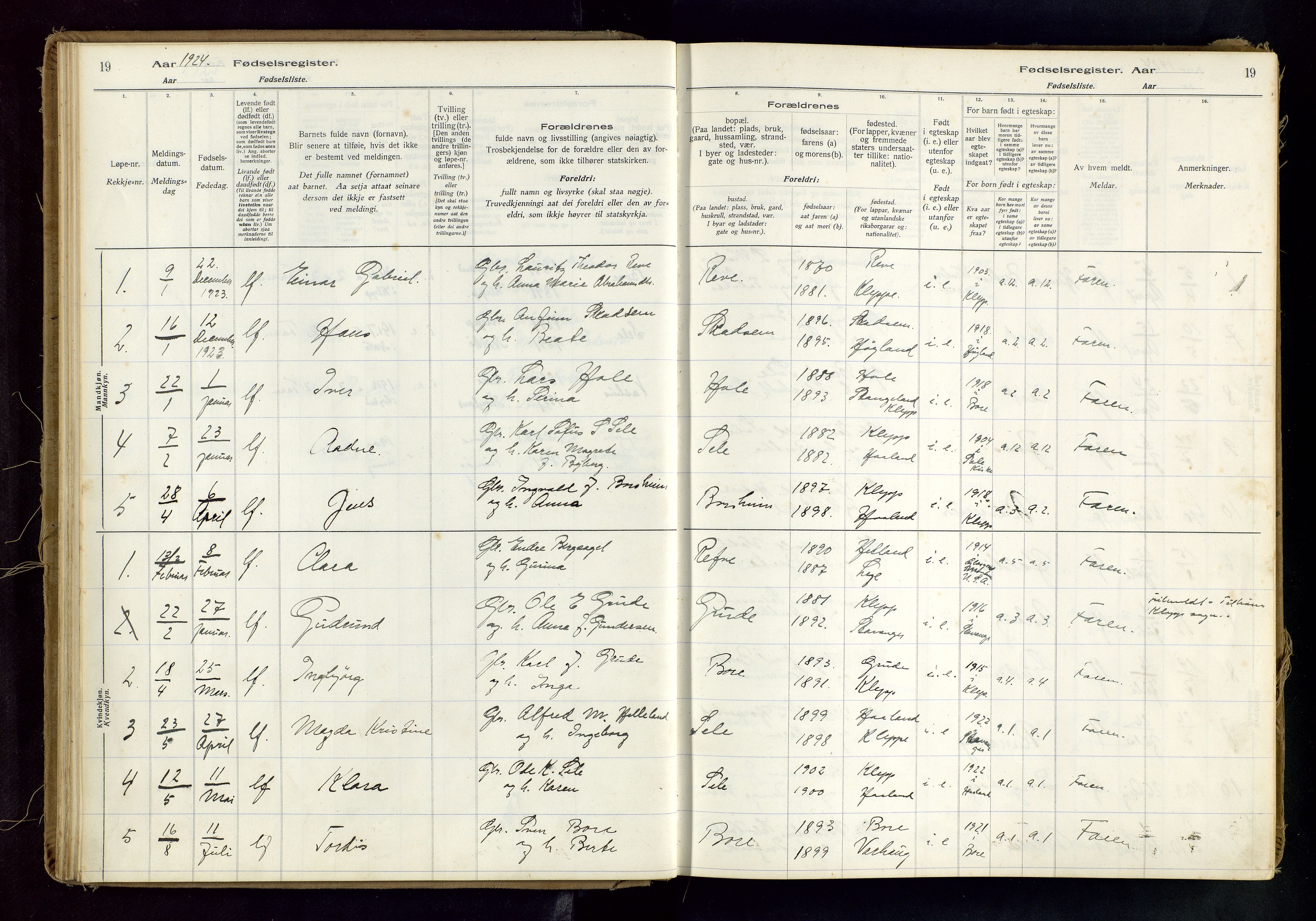 Klepp sokneprestkontor, SAST/A-101803/001/704BAB/L0001: Birth register no. 1, 1916-1976, p. 19