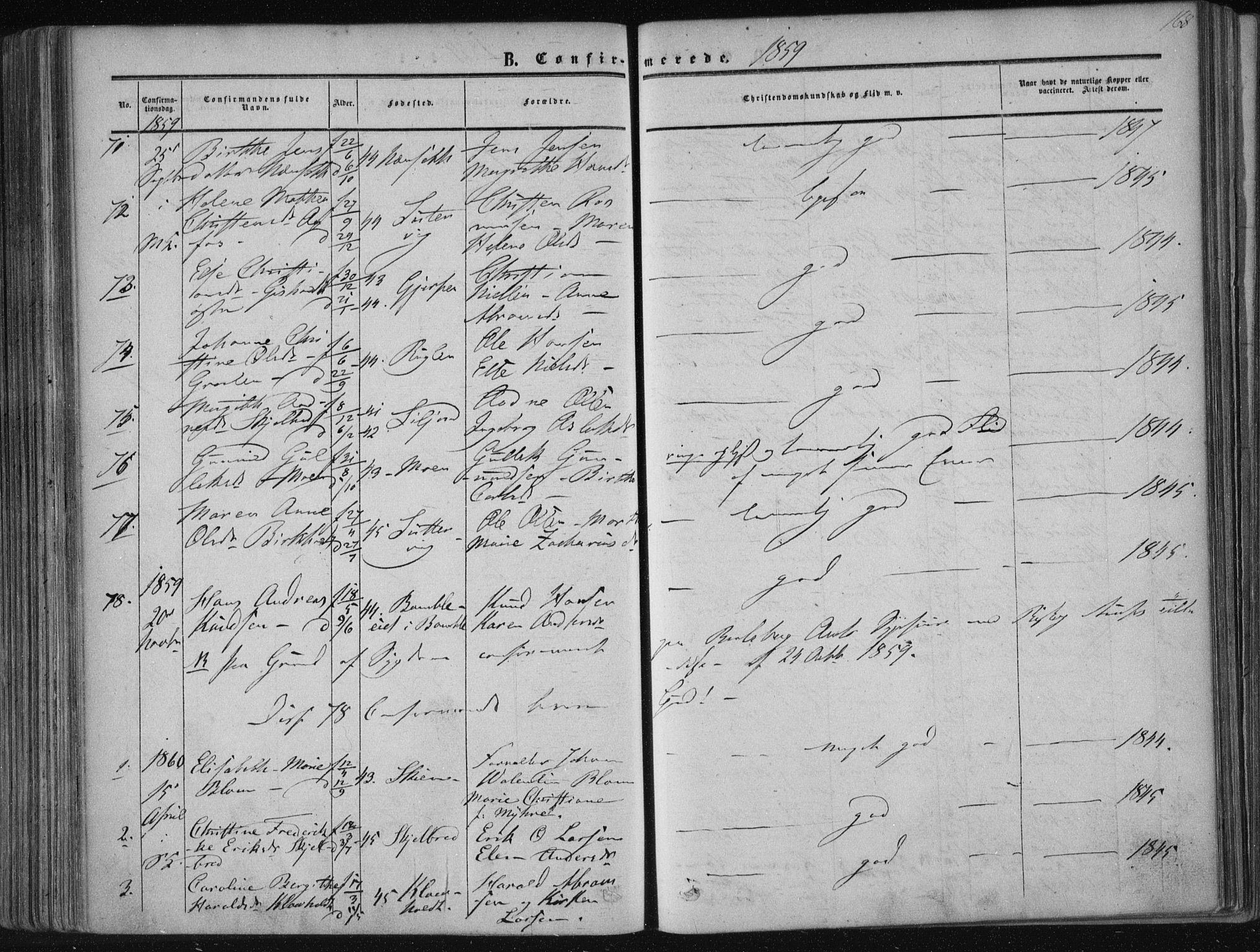 Solum kirkebøker, SAKO/A-306/F/Fa/L0007: Parish register (official) no. I 7, 1856-1864, p. 168