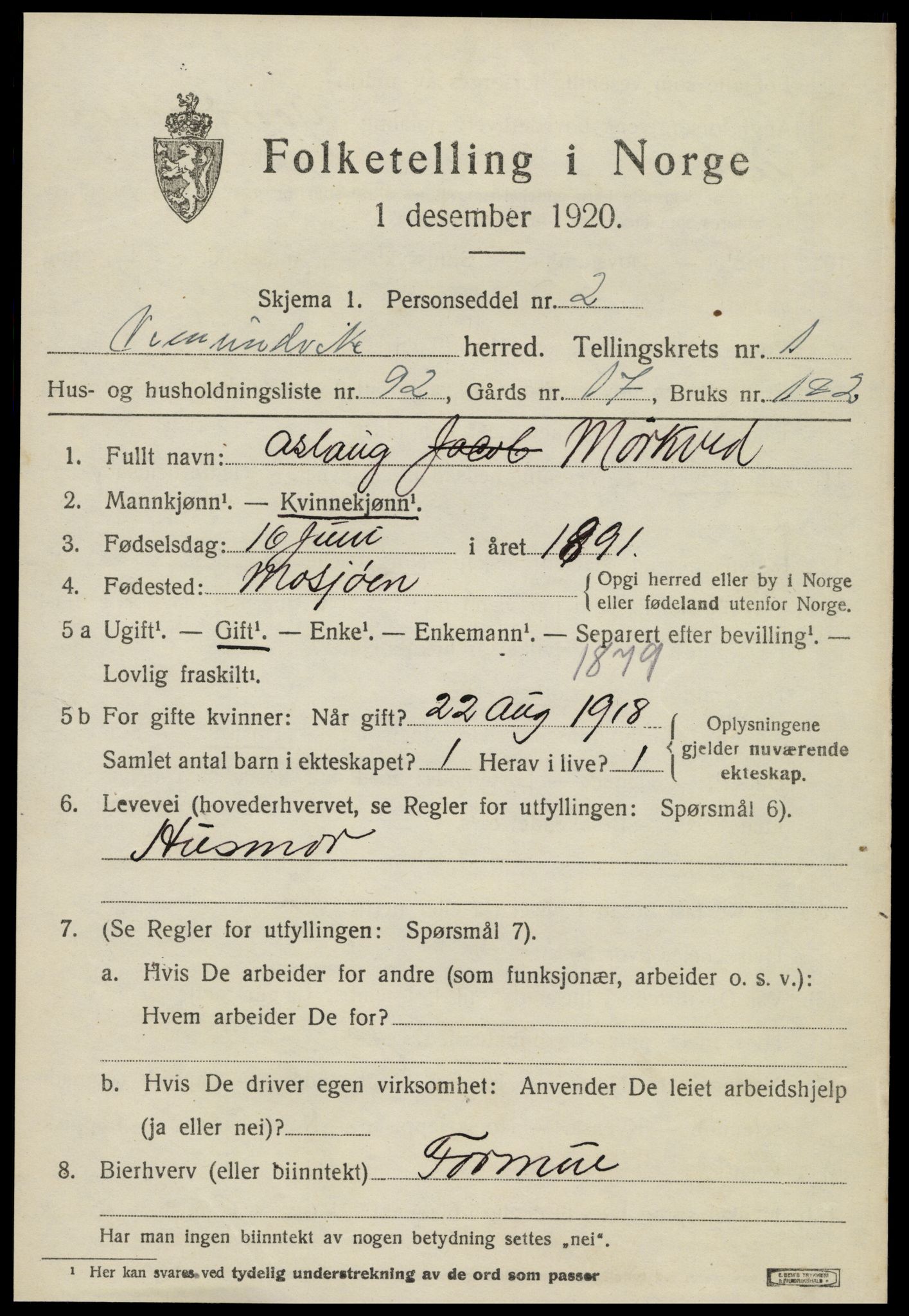 SAT, 1920 census for Vemundvik, 1920, p. 2381