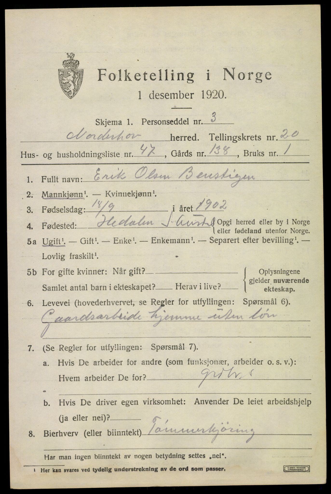 SAKO, 1920 census for Norderhov, 1920, p. 21882