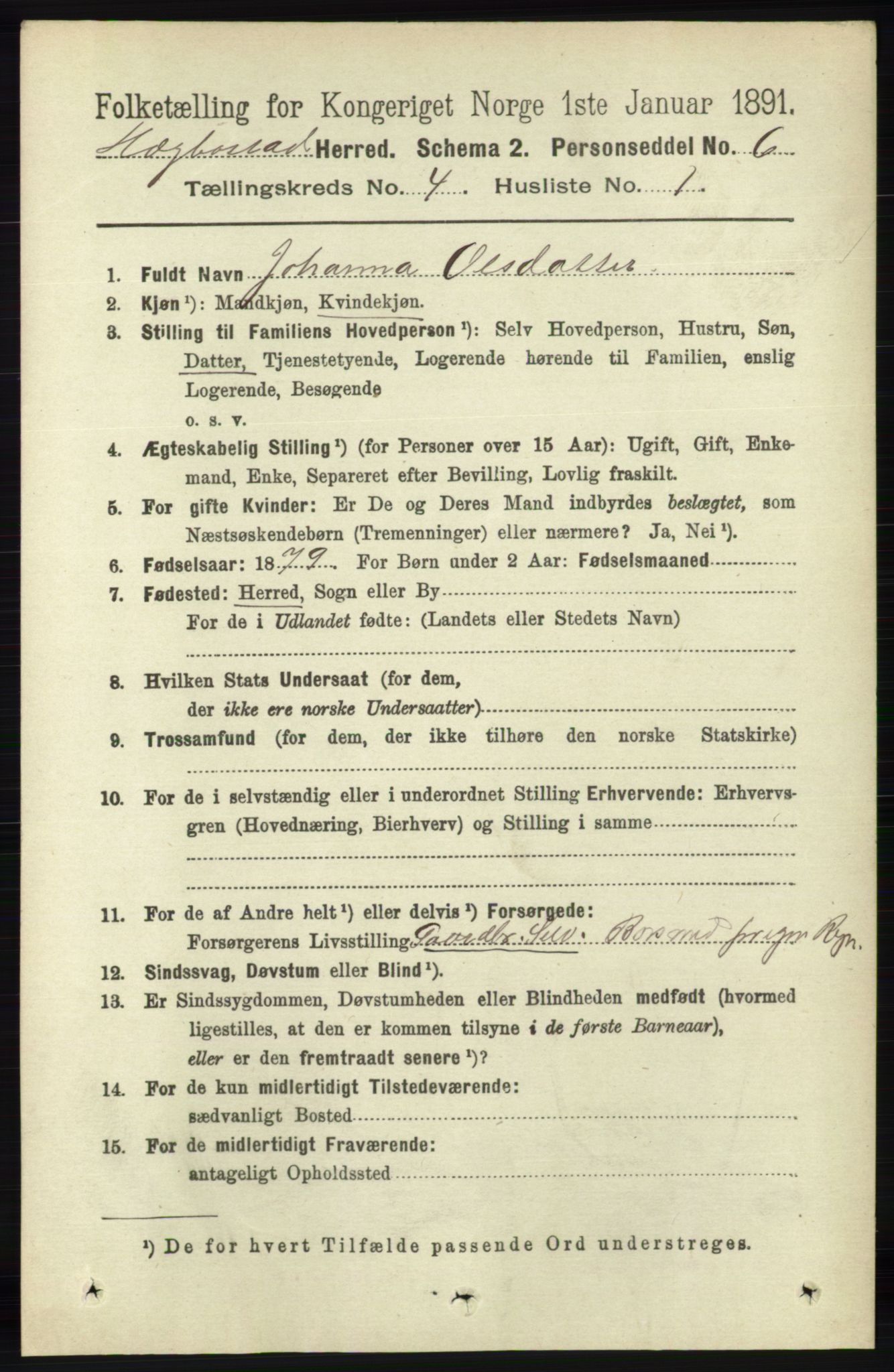 RA, 1891 census for 1034 Hægebostad, 1891, p. 1195