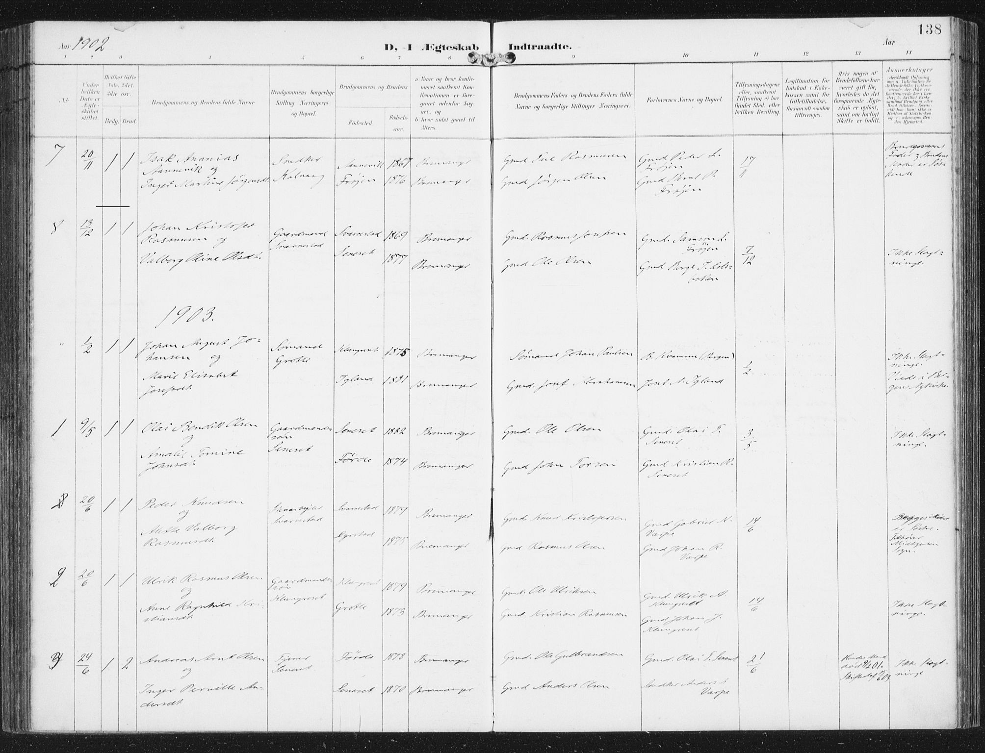 Bremanger sokneprestembete, SAB/A-82201/H/Haa/Haab/L0002: Parish register (official) no. B  2, 1896-1908, p. 138