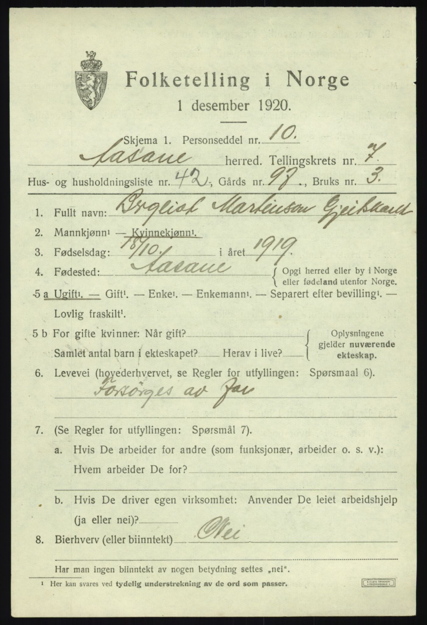 SAB, 1920 census for Åsane, 1920, p. 5607