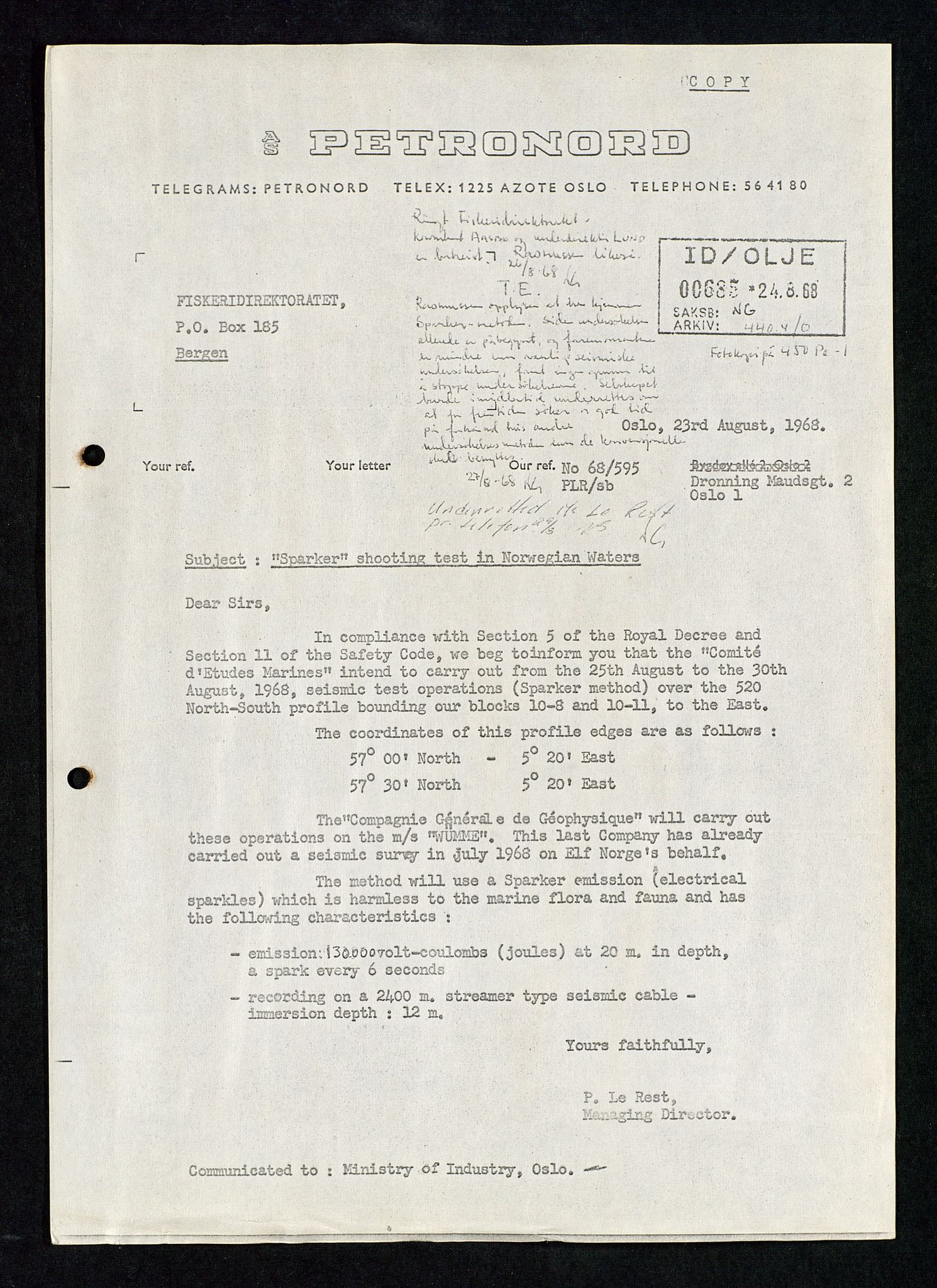 Industridepartementet, Oljekontoret, AV/SAST-A-101348/Da/L0003: Arkivnøkkel 711 Undersøkelser og utforskning, 1963-1971, p. 494