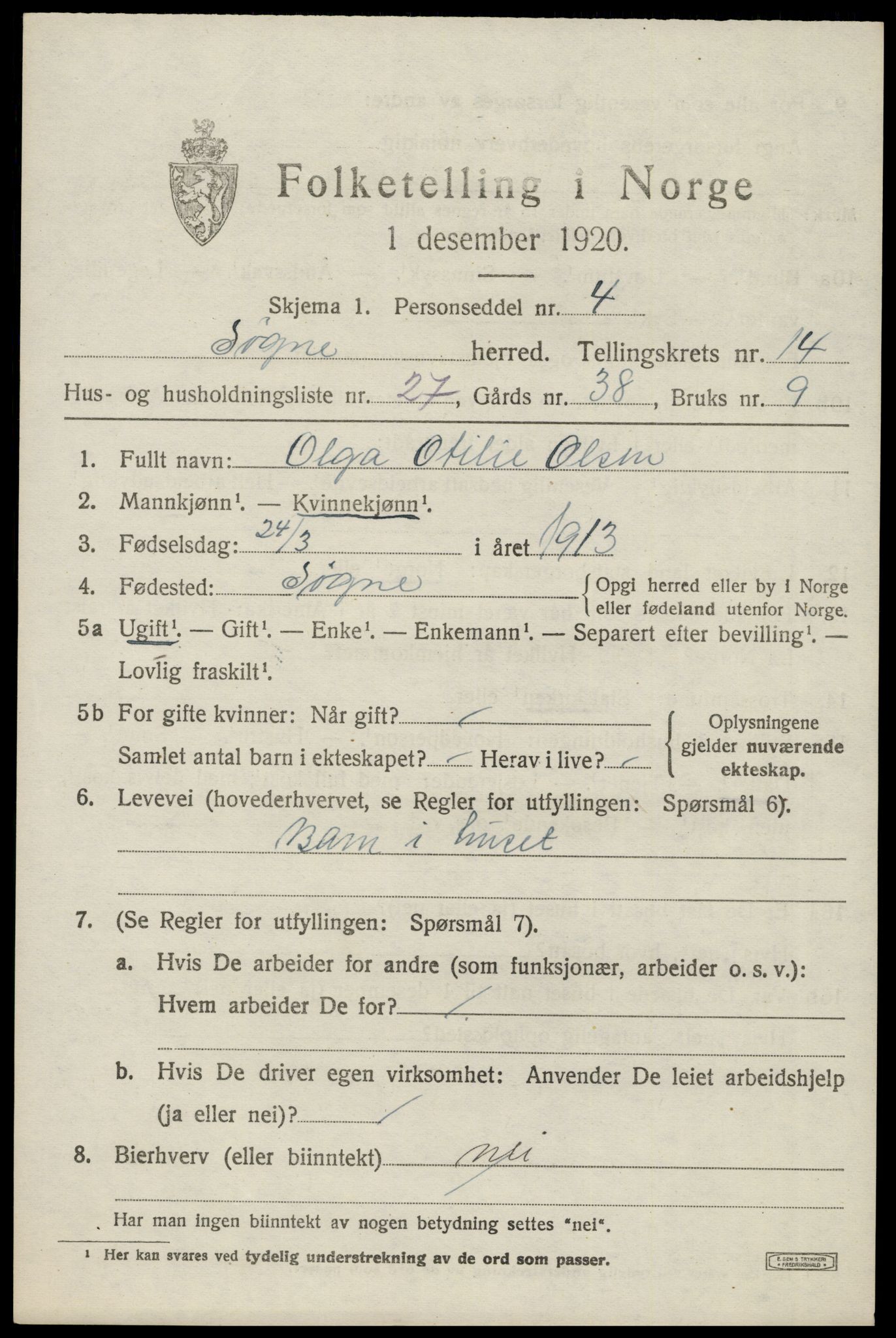 SAK, 1920 census for Søgne, 1920, p. 6965