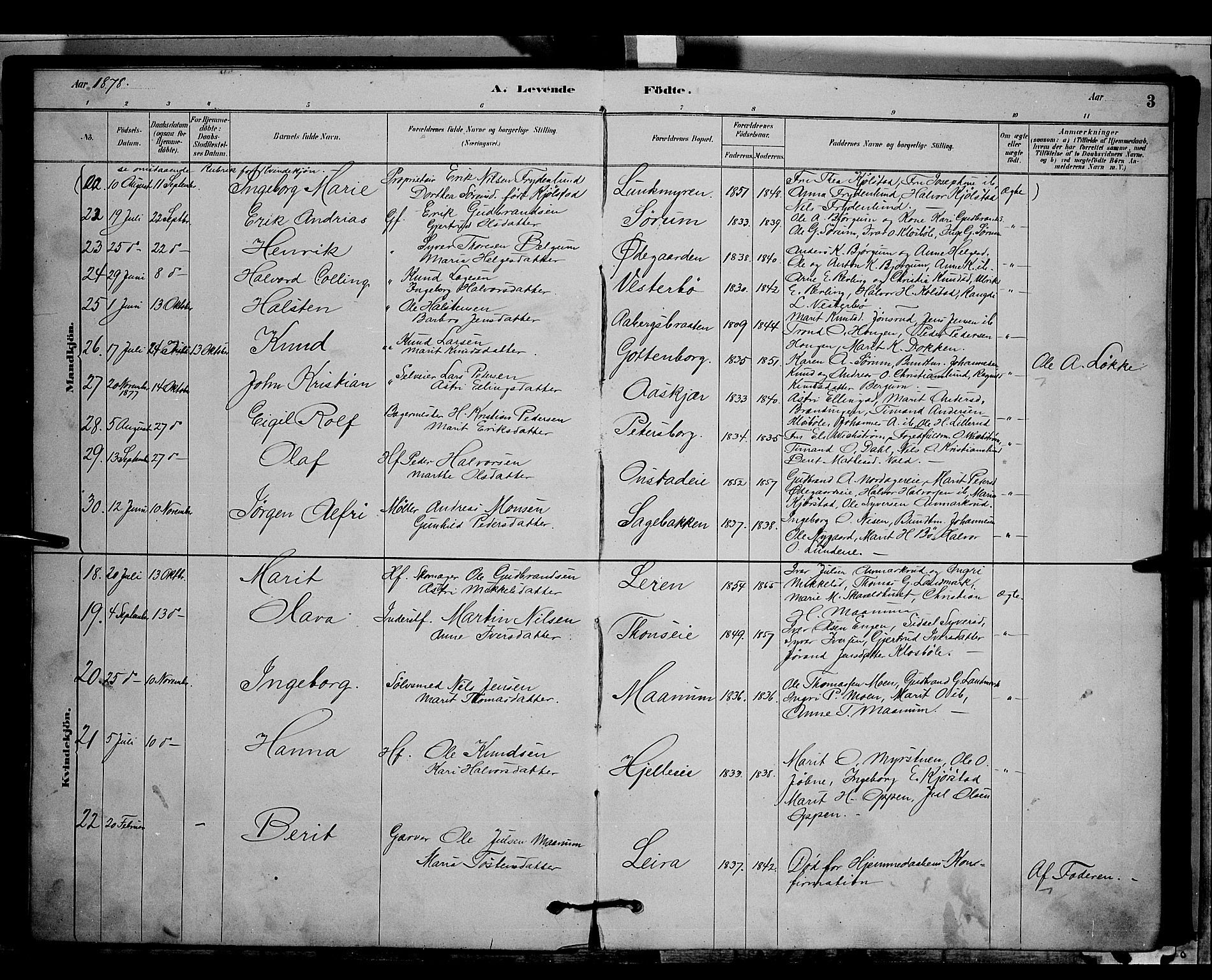 Nord-Aurdal prestekontor, SAH/PREST-132/H/Ha/Hab/L0006: Parish register (copy) no. 6, 1878-1892, p. 3