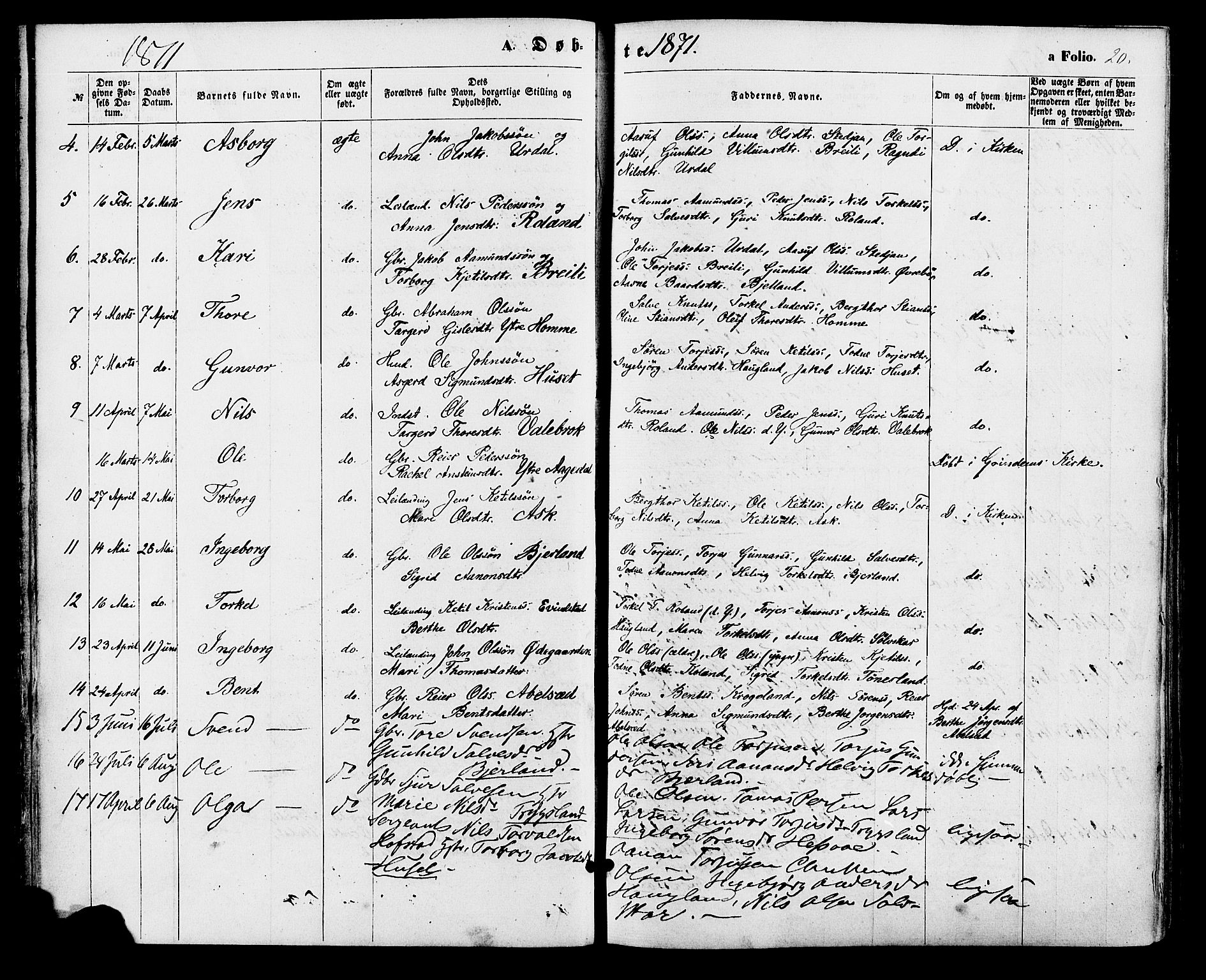 Bjelland sokneprestkontor, SAK/1111-0005/F/Fa/Faa/L0003: Parish register (official) no. A 3, 1867-1887, p. 20