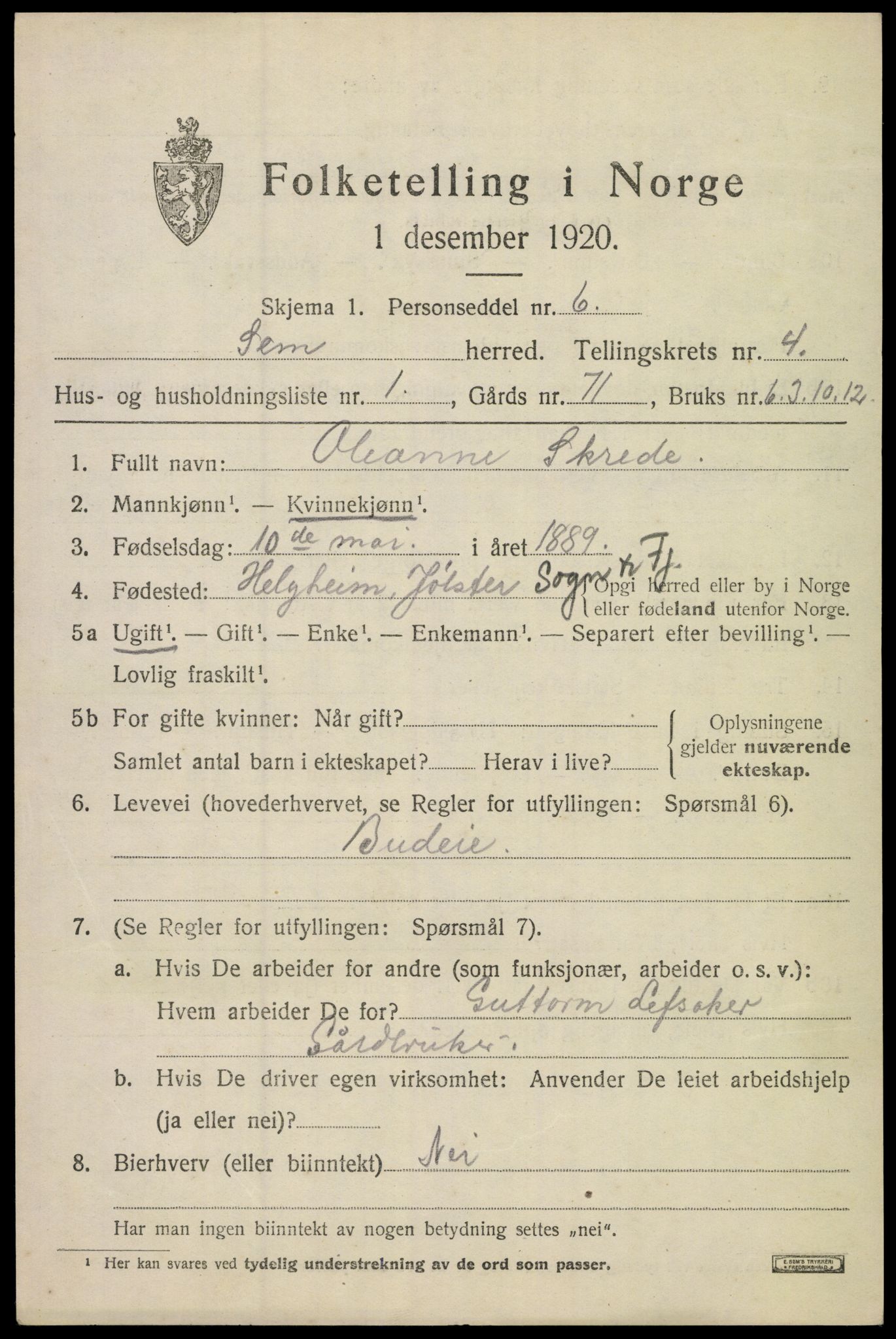 SAKO, 1920 census for Sem, 1920, p. 7081