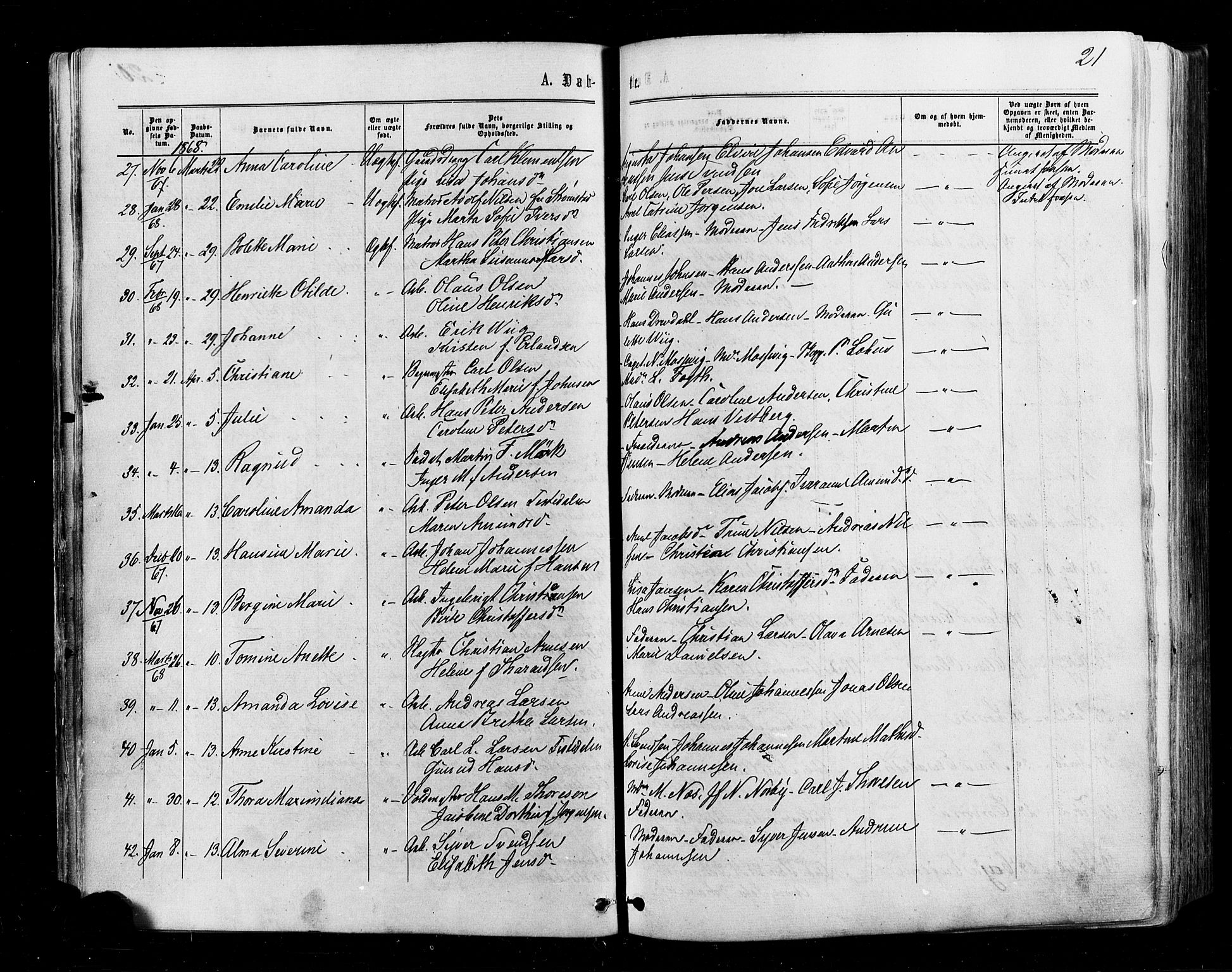 Halden prestekontor Kirkebøker, AV/SAO-A-10909/F/Fa/L0009: Parish register (official) no. I 9, 1866-1877, p. 21