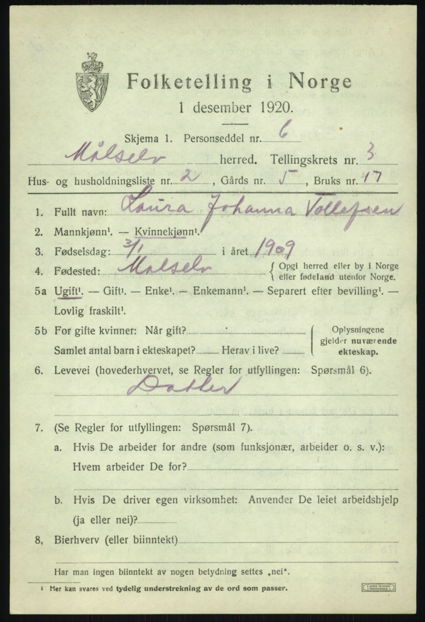 SATØ, 1920 census for Målselv, 1920, p. 2273