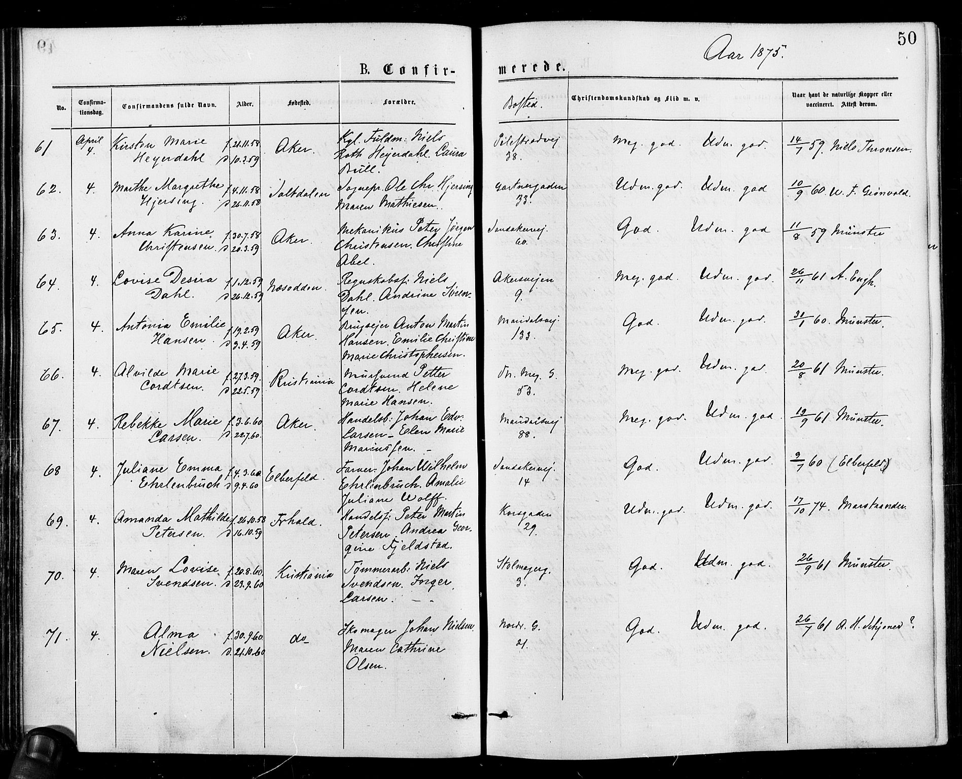 Gamle Aker prestekontor Kirkebøker, AV/SAO-A-10617a/F/L0005: Parish register (official) no. 5, 1873-1881, p. 50