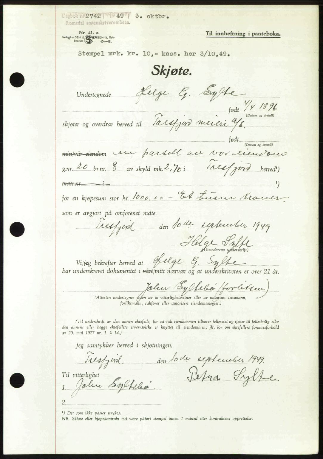 Romsdal sorenskriveri, AV/SAT-A-4149/1/2/2C: Mortgage book no. A31, 1949-1949, Diary no: : 2742/1949