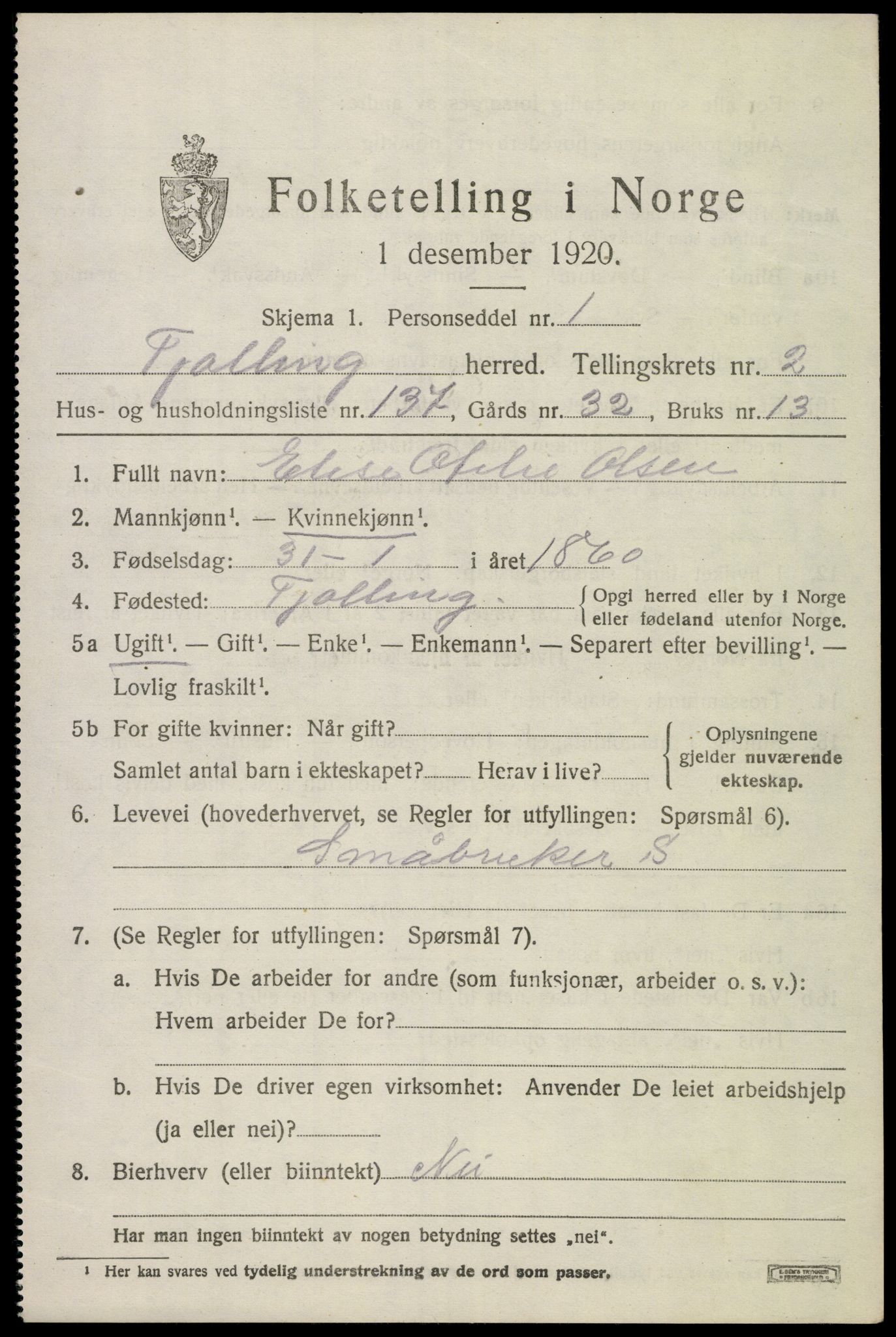 SAKO, 1920 census for Tjølling, 1920, p. 6823