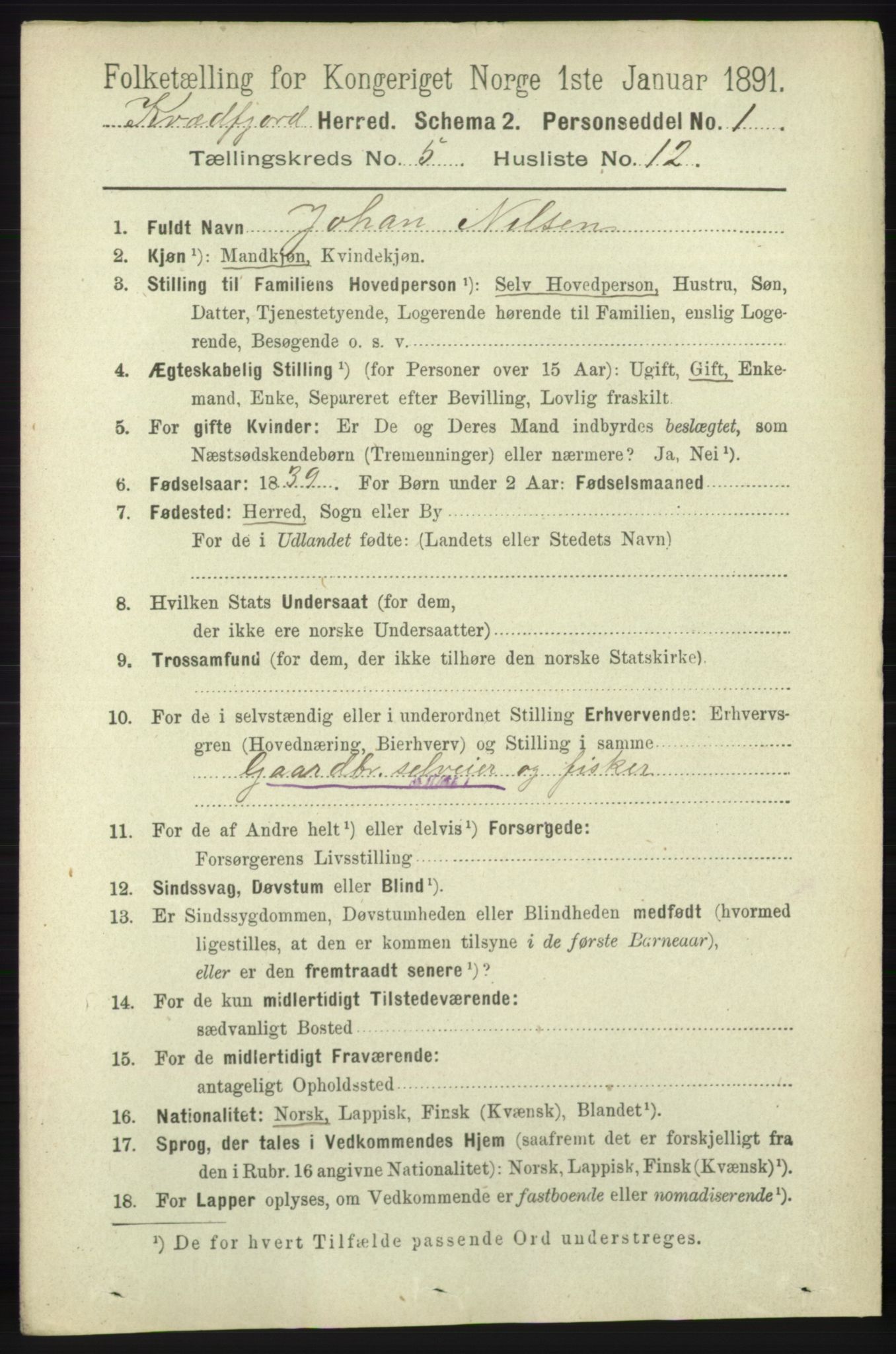 RA, 1891 census for 1911 Kvæfjord, 1891, p. 2932