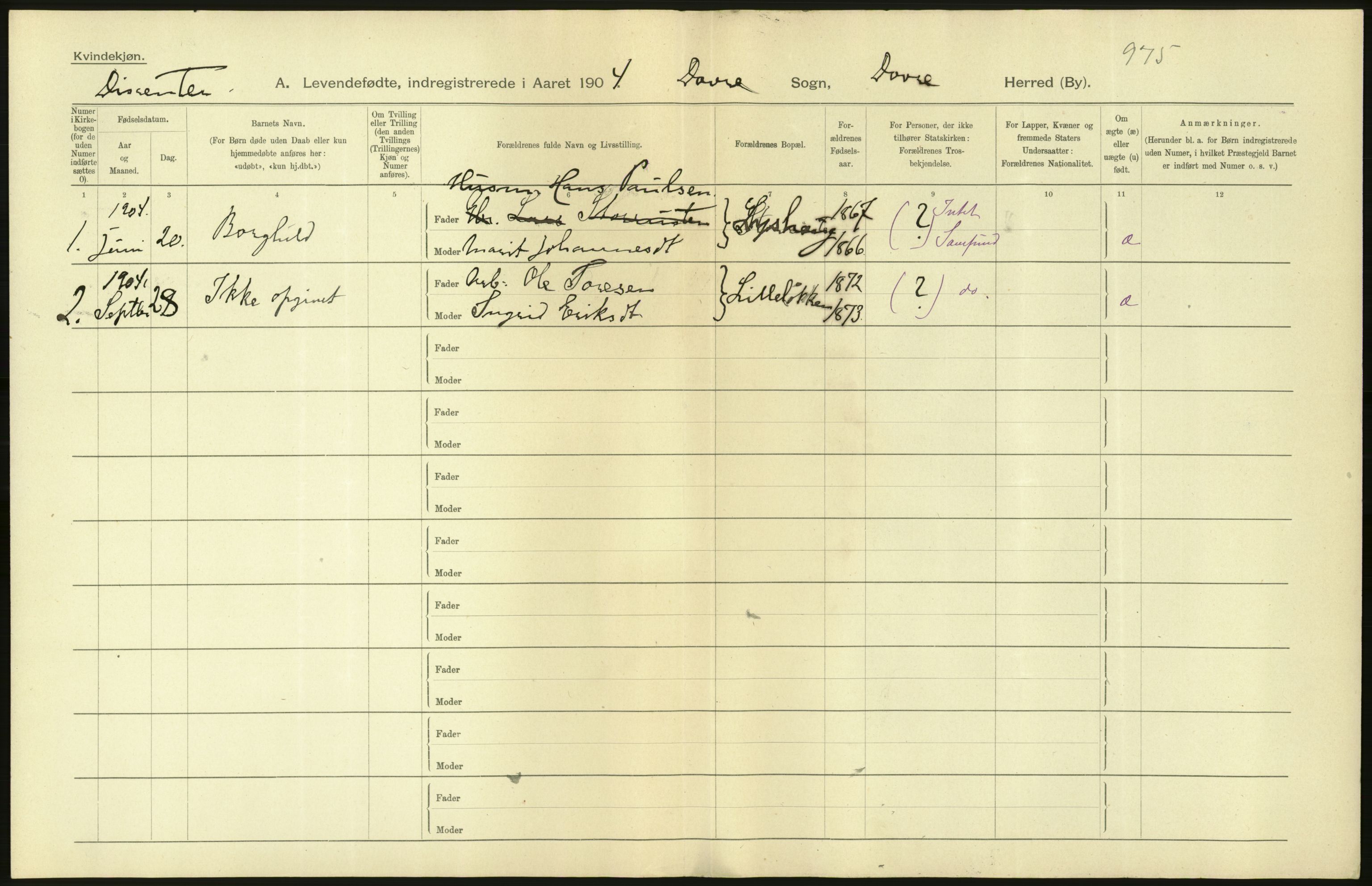 Statistisk sentralbyrå, Sosiodemografiske emner, Befolkning, AV/RA-S-2228/D/Df/Dfa/Dfab/L0006: Kristians amt: Fødte, gifte, døde, 1904, p. 10