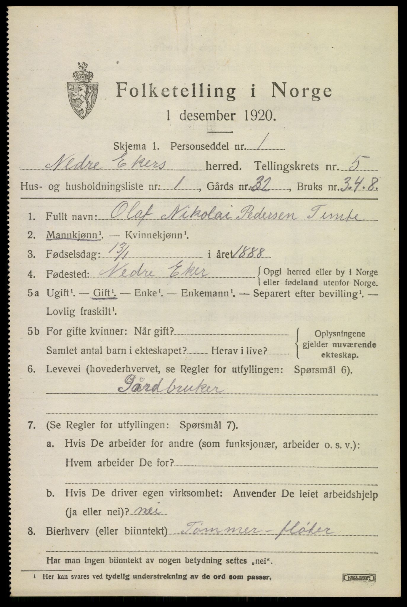 SAKO, 1920 census for Nedre Eiker, 1920, p. 5865