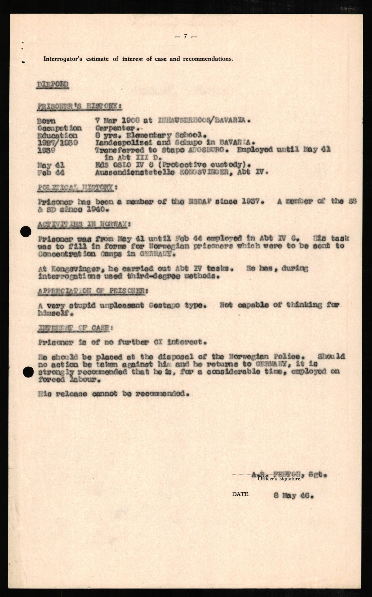 Forsvaret, Forsvarets overkommando II, RA/RAFA-3915/D/Db/L0006: CI Questionaires. Tyske okkupasjonsstyrker i Norge. Tyskere., 1945-1946, p. 54
