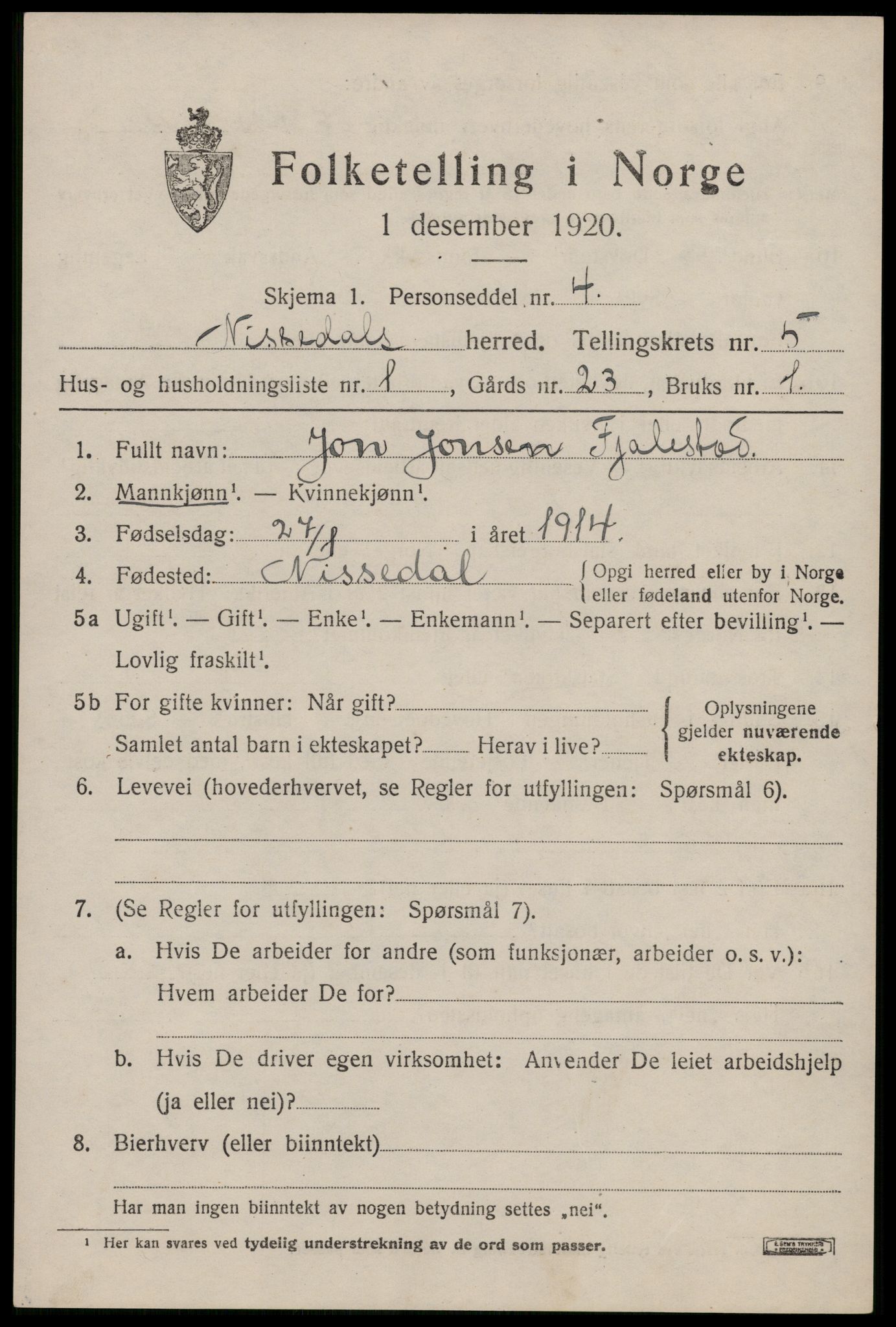 SAKO, 1920 census for Nissedal, 1920, p. 2037