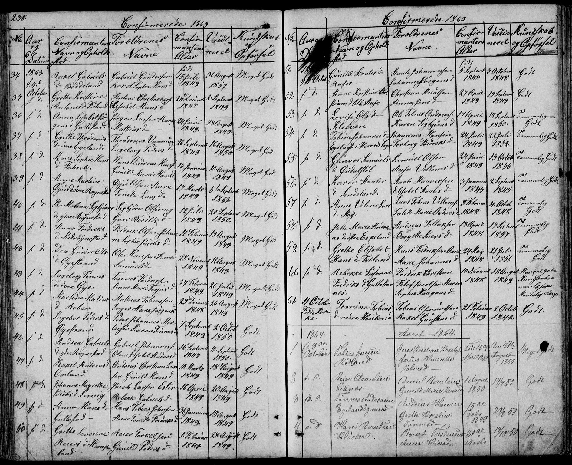 Kvinesdal sokneprestkontor, SAK/1111-0026/F/Fb/Fbb/L0001: Parish register (copy) no. B 1, 1852-1872, p. 238