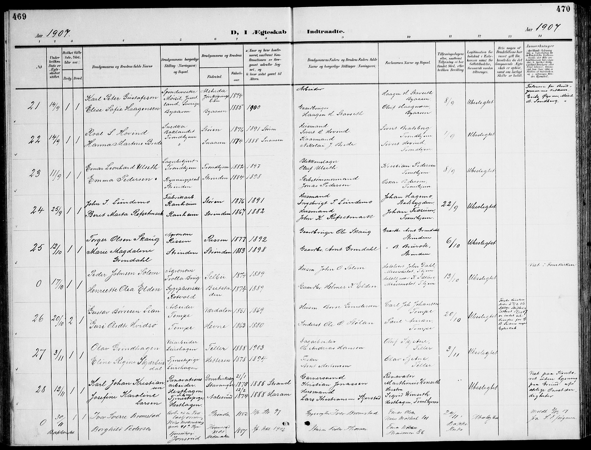 Ministerialprotokoller, klokkerbøker og fødselsregistre - Sør-Trøndelag, SAT/A-1456/607/L0320: Parish register (official) no. 607A04, 1907-1915, p. 469-470