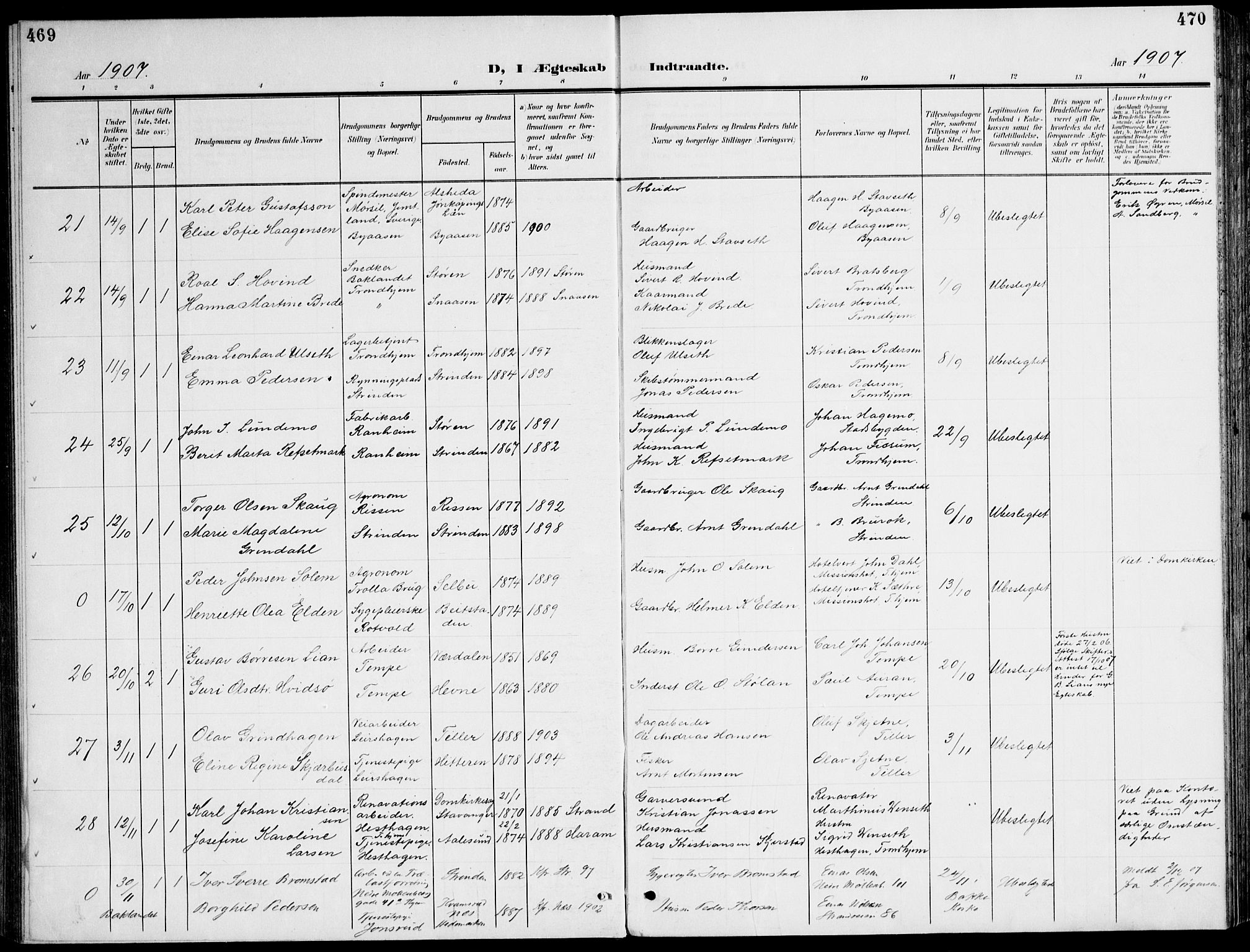 Ministerialprotokoller, klokkerbøker og fødselsregistre - Sør-Trøndelag, AV/SAT-A-1456/607/L0320: Parish register (official) no. 607A04, 1907-1915, p. 469-470