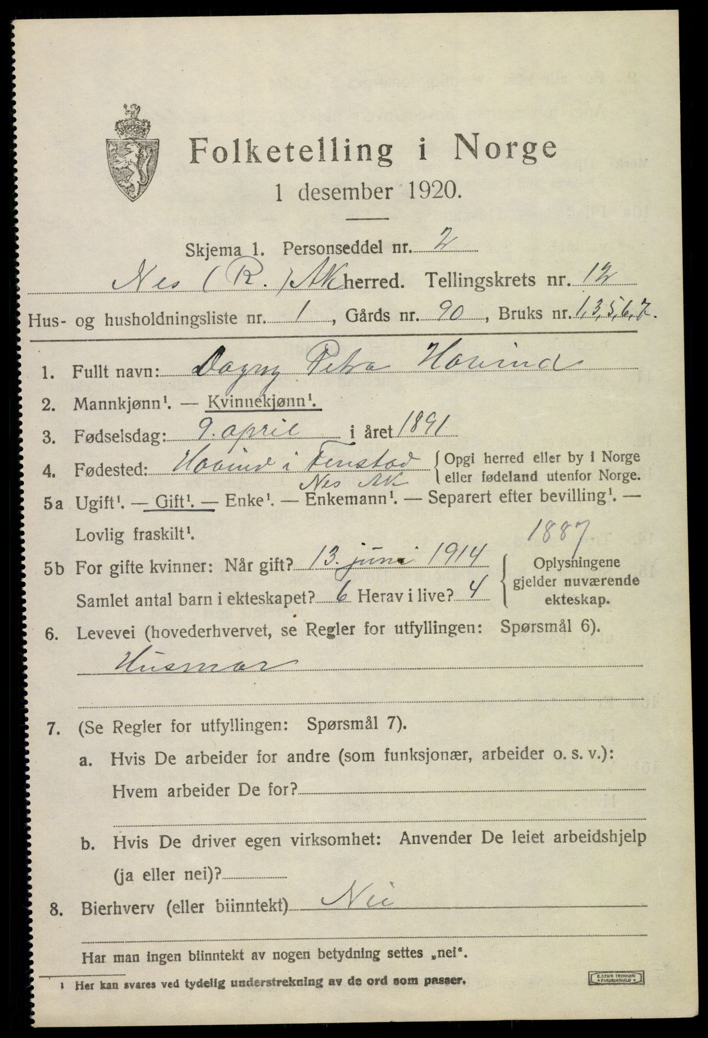 SAO, 1920 census for Nes, 1920, p. 12236